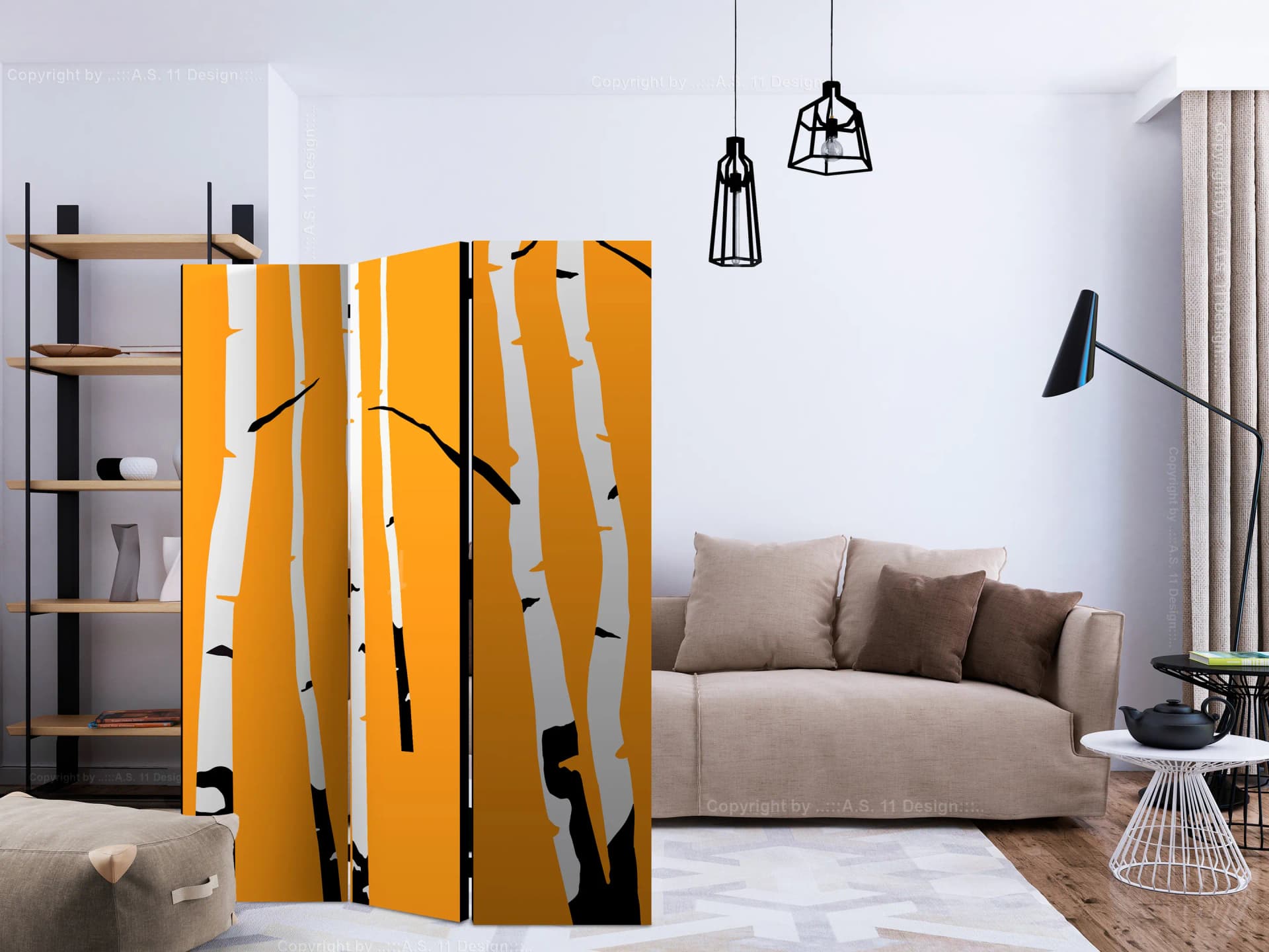 

Parawan 3-częściowy - Birches on the orange background [Room Dividers] (rozmiar 135x172)