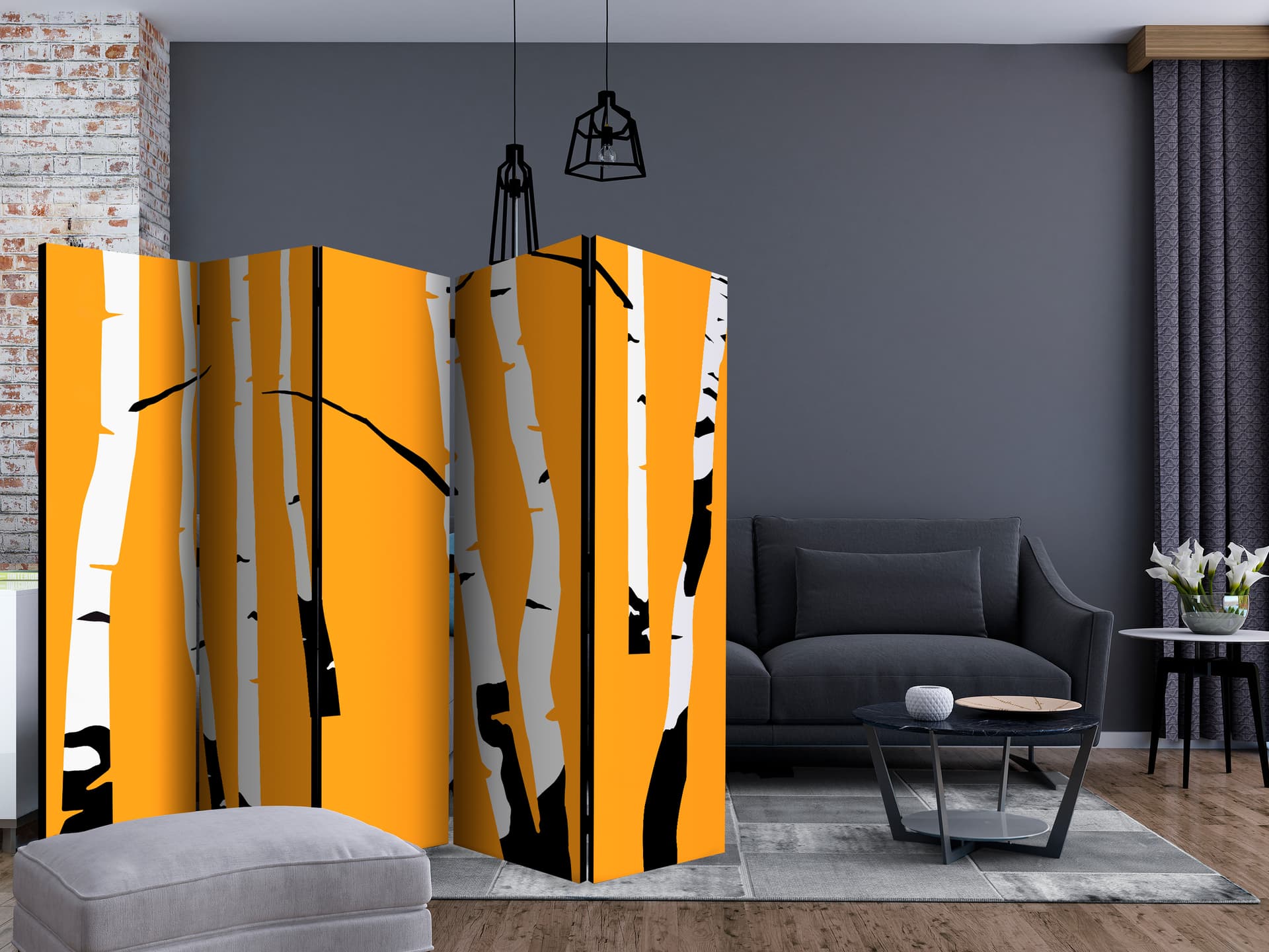 

Parawan 5-częściowy - Birches on the orange background II [Room Dividers] (rozmiar 225x172)