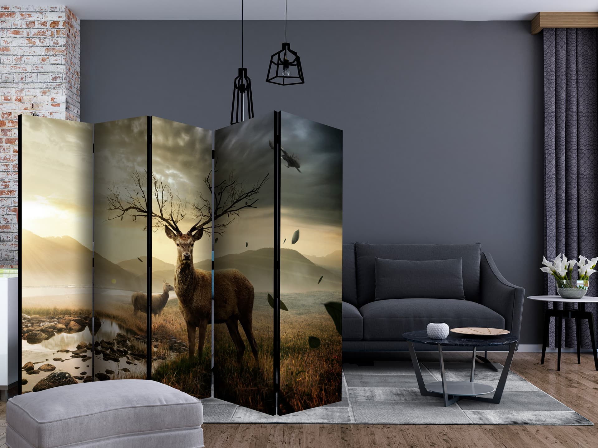 

Parawan 5-częściowy - Jelenie nad górskim potokiem II [Room Dividers] (rozmiar 225x172)