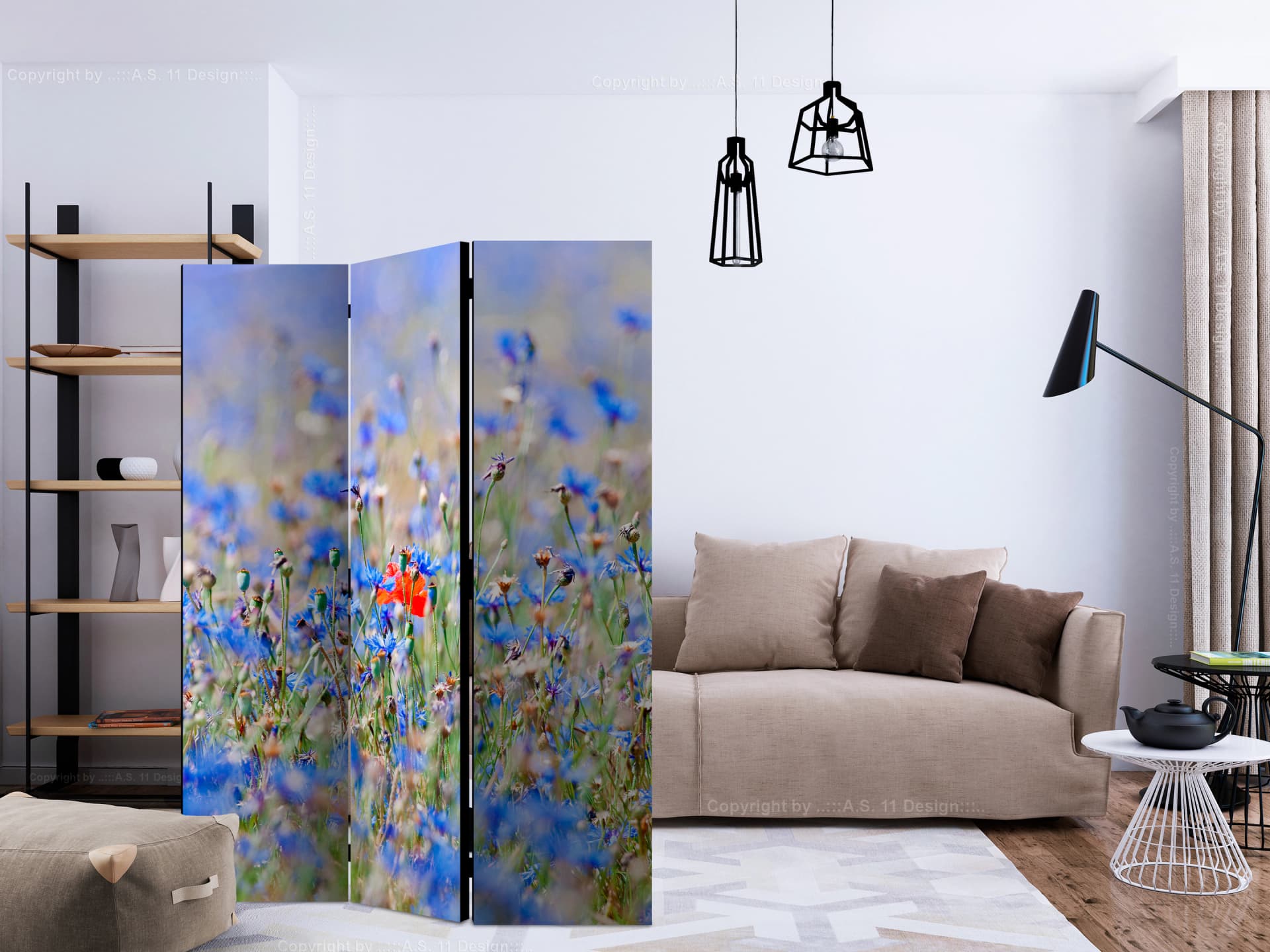 

Parawan 3-częściowy - Łąka w kolorze nieba - chabry [Room Dividers] (rozmiar 135x172)