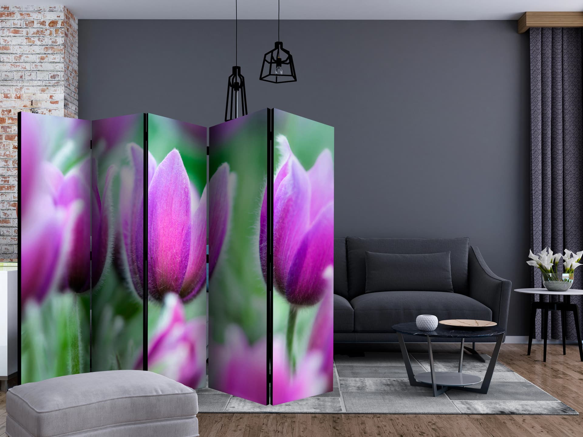 

Parawan 5-częściowy - Fioletowe wiosenne tulipany II [Room Dividers] (rozmiar 225x172)
