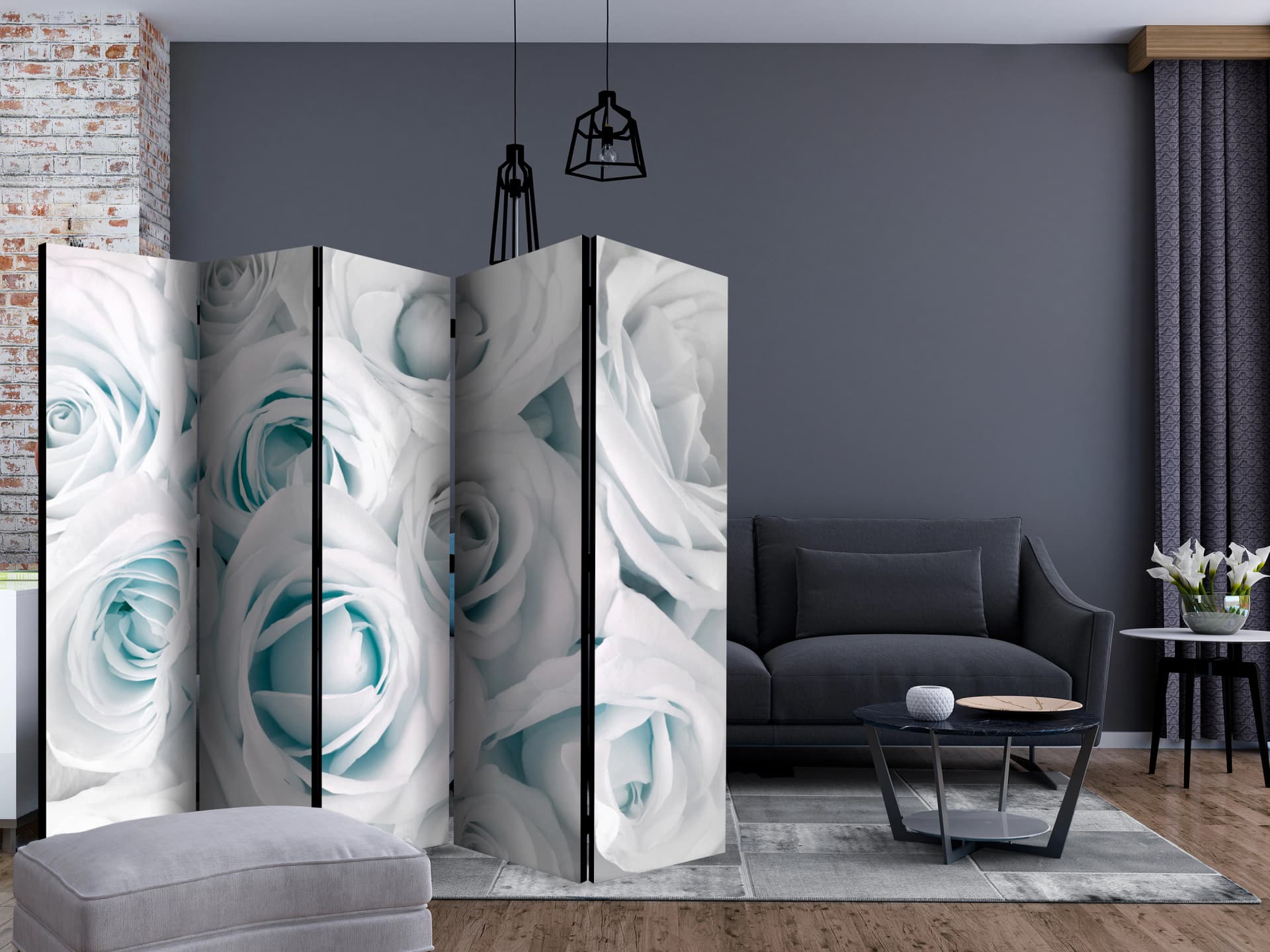 

Parawan 5-częściowy - Atłasowa róża (turkusowy) II [Room Dividers] (rozmiar 225x172)
