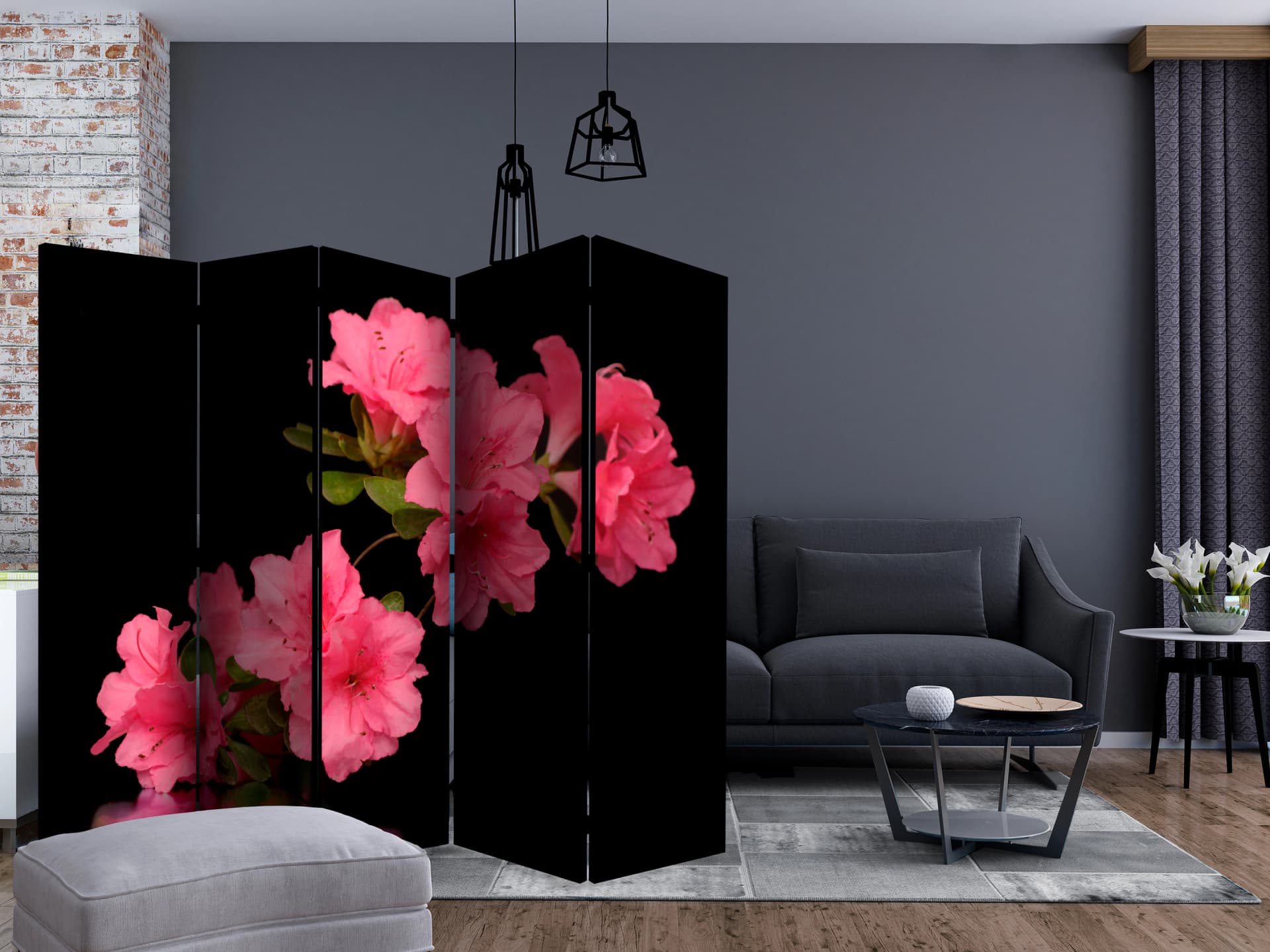 

Parawan 5-częściowy - Azalea in Black II [Room Dividers] (rozmiar 225x172)
