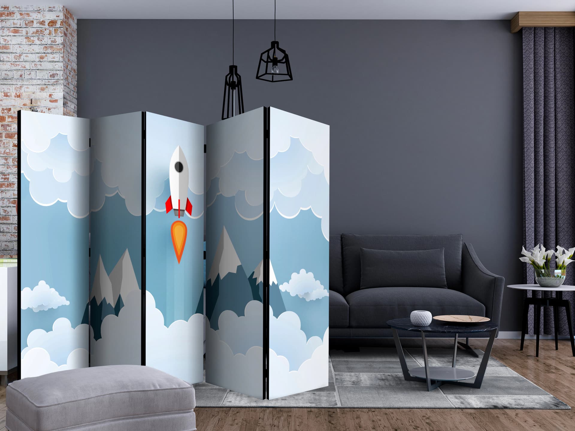 

Parawan 5-częściowy - Rakieta w chmurach II [Room Dividers] (rozmiar 225x172)