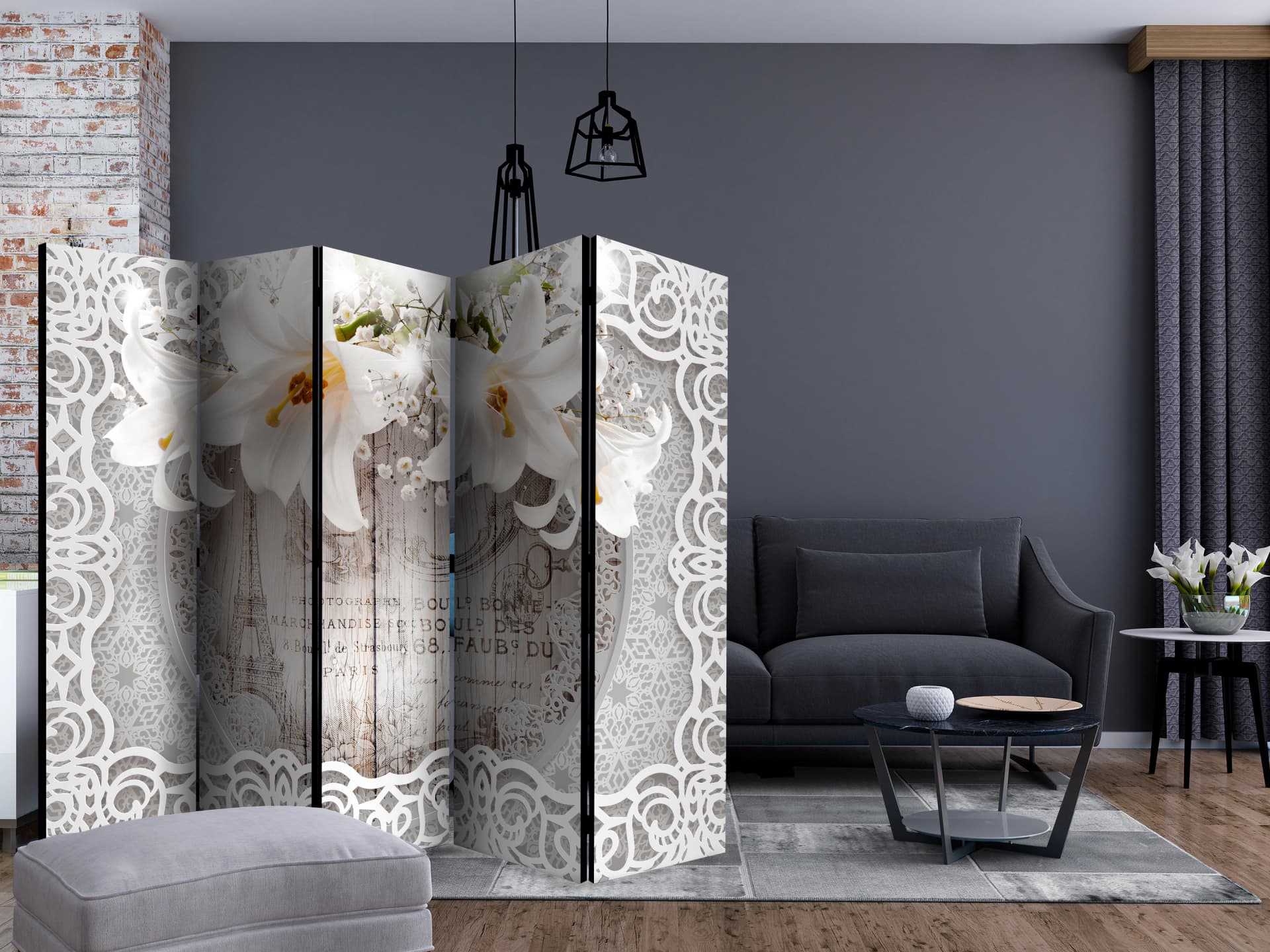 

Parawan 5-częściowy - Lilie i pikowane tło II [Room Dividers] (rozmiar 225x172)