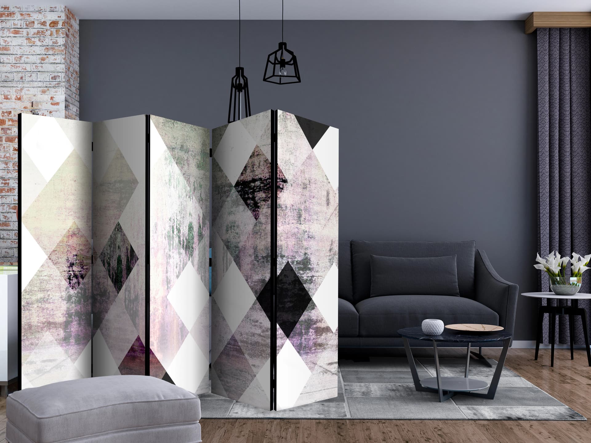 

Parawan 5-częściowy - Rombowa szachownica (różowy) II [Room Dividers] (rozmiar 225x172)