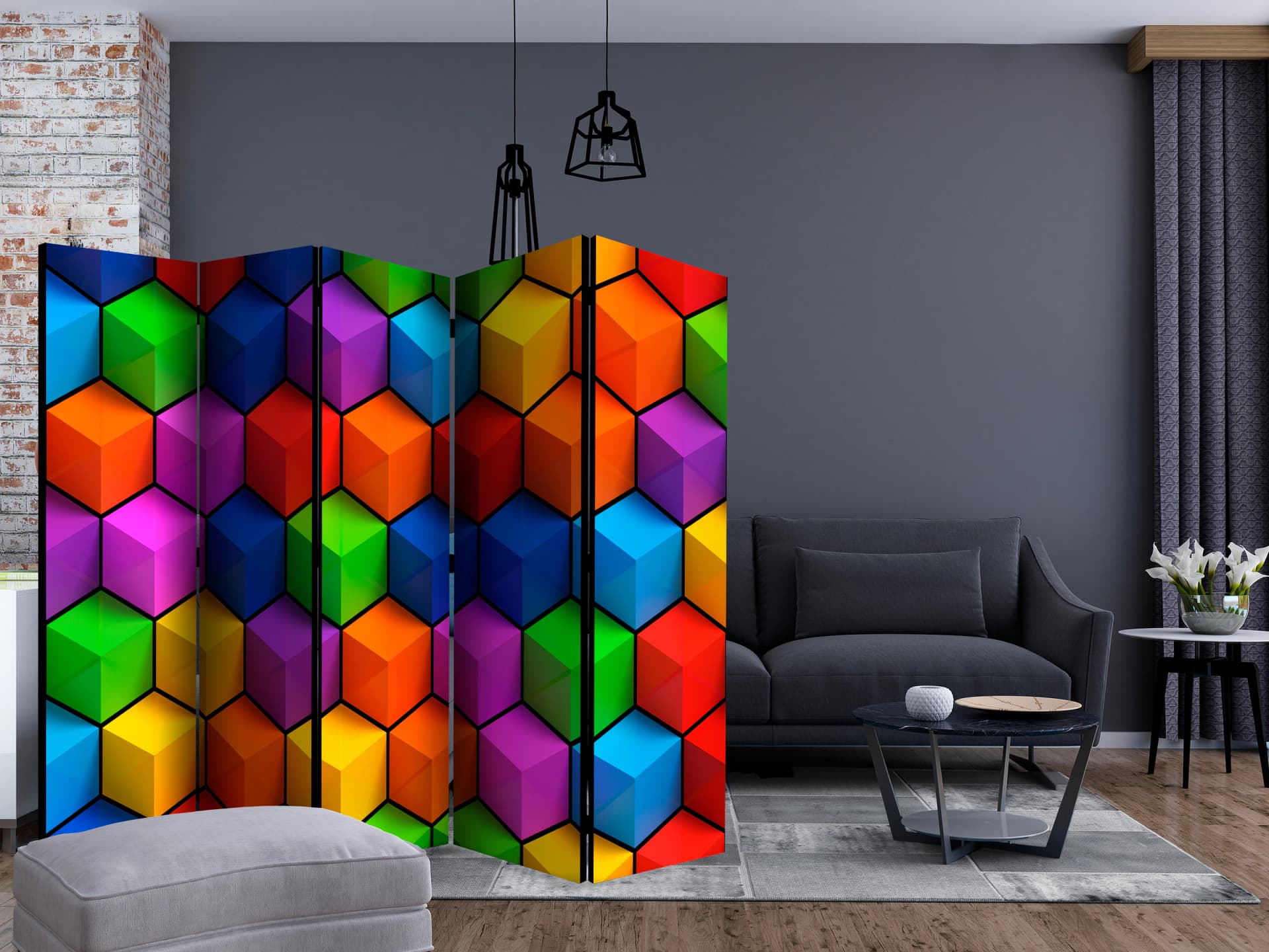 

Parawan 5-częściowy - Kolorowe pola geometryczne II [Room Dividers] (rozmiar 225x172)