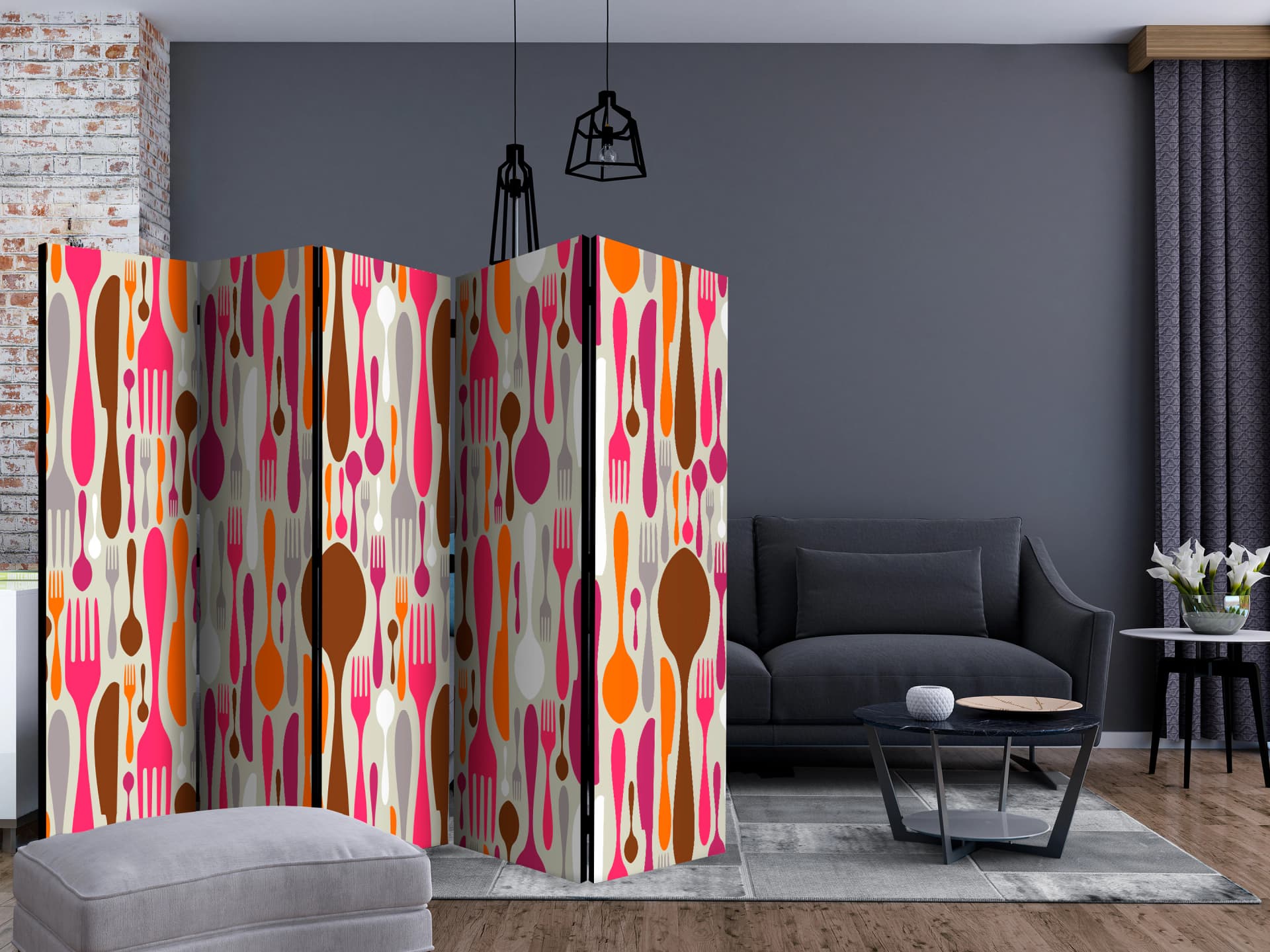 

Parawan 5-częściowy - Sztućce - róż i fiolet II [Room Dividers] (rozmiar 225x172)