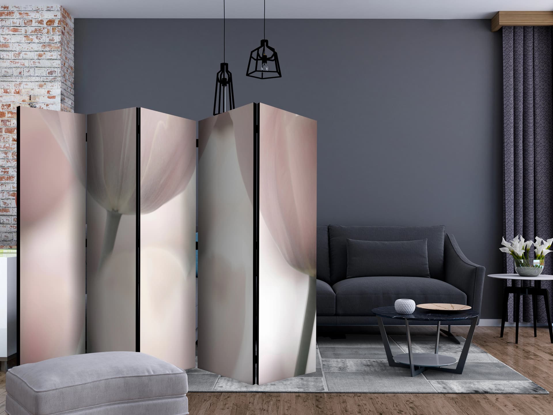 

Parawan 5-częściowy - Tulips fine art - black and white II [Room Dividers] (rozmiar 225x172)