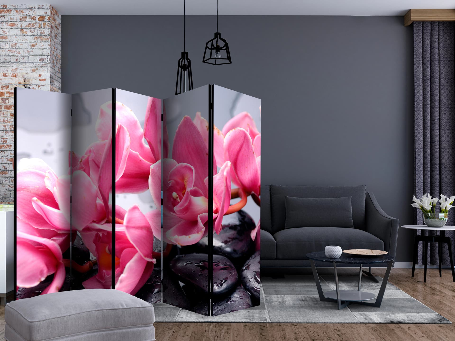 

Parawan 5-częściowy - Kwiaty orchidei i kamienie zen II [Room Dividers] (rozmiar 225x172)