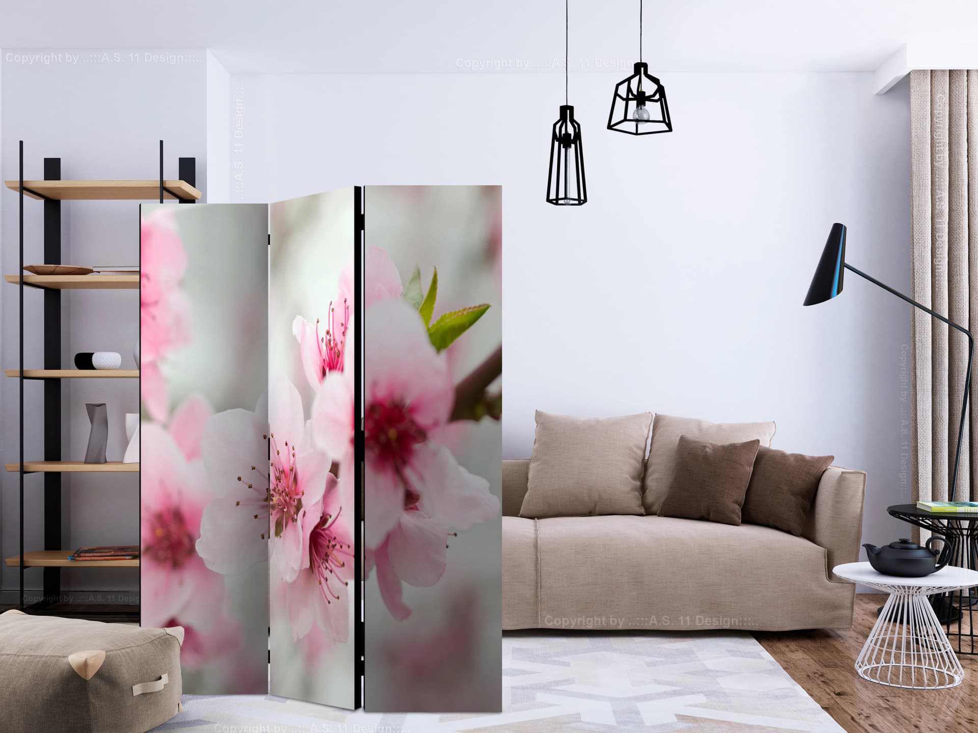 

Parawan 3-częściowy - Kwitnąca wiśnia - różowe kwiatuszki [Room Dividers] (rozmiar 135x172)