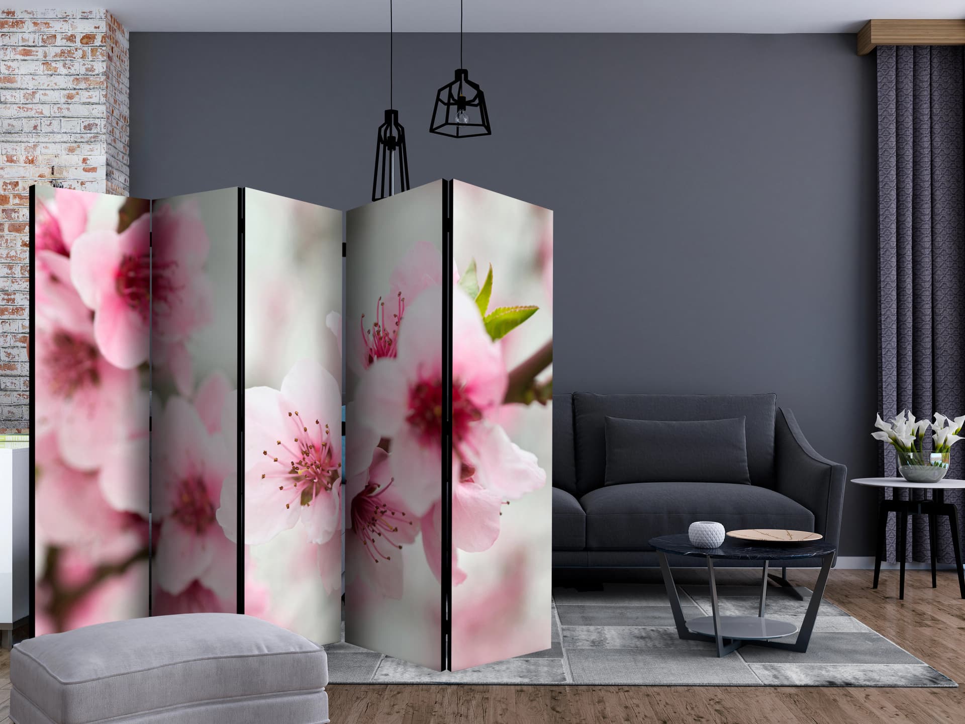 

Parawan 5-częściowy - Kwitnąca wiśnia - różowe kwiatuszki II [Room Dividers] (rozmiar 225x172)