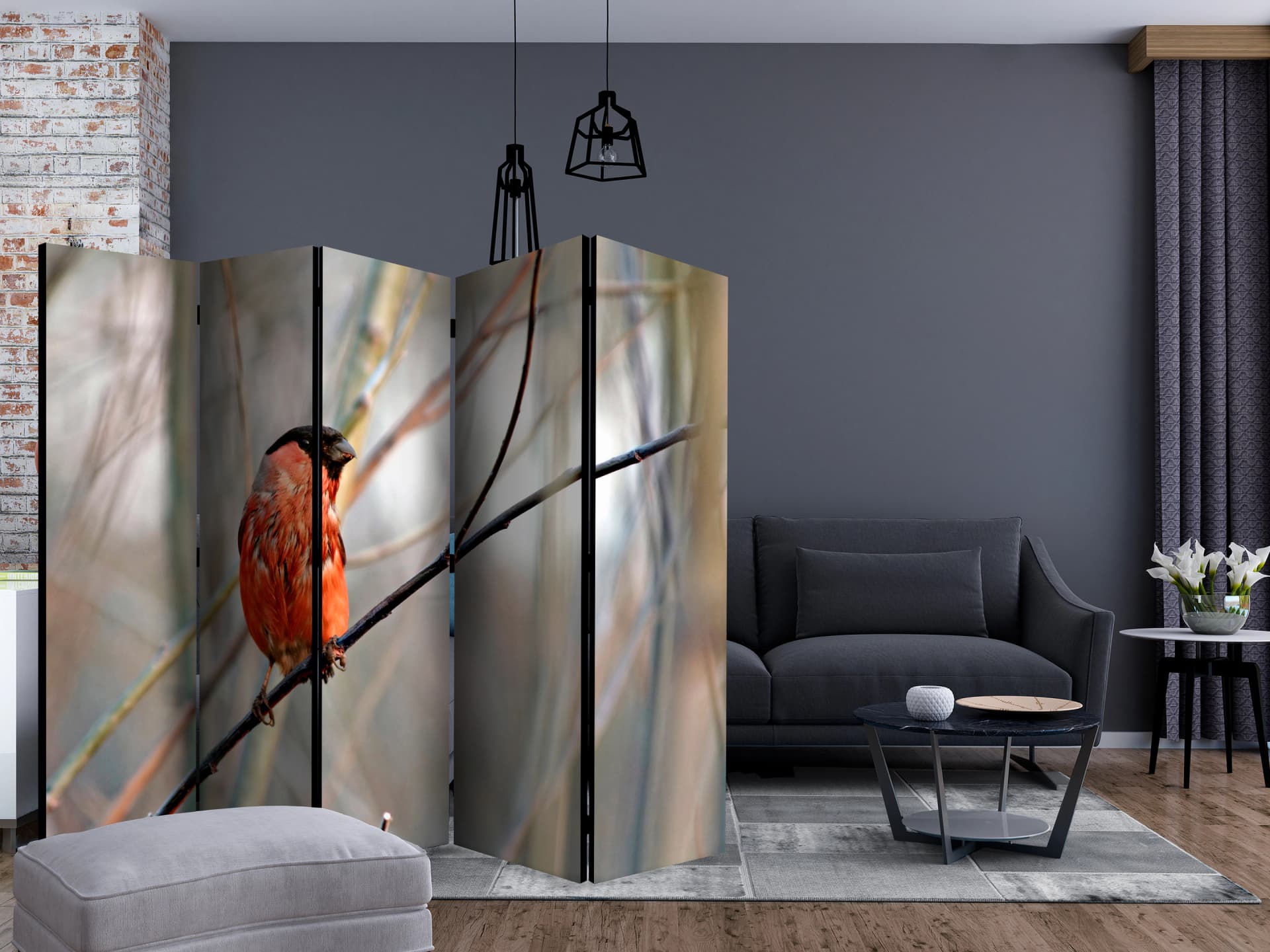 

Parawan 5-częściowy - Bullfinch in the forest II [Room Dividers] (rozmiar 225x172)