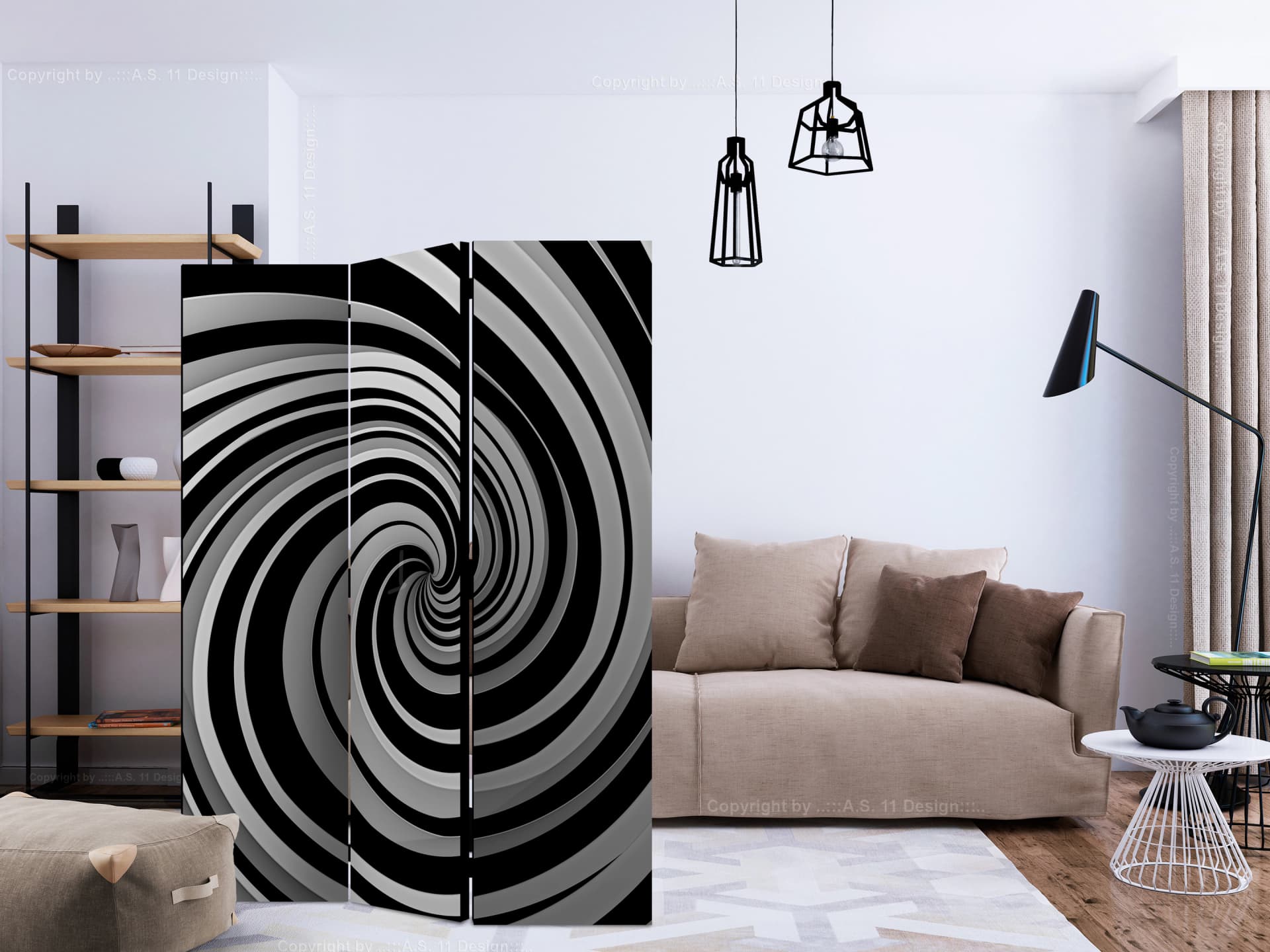 

Parawan 3-częściowy - Black and white swirl [Room Dividers] (rozmiar 135x172)