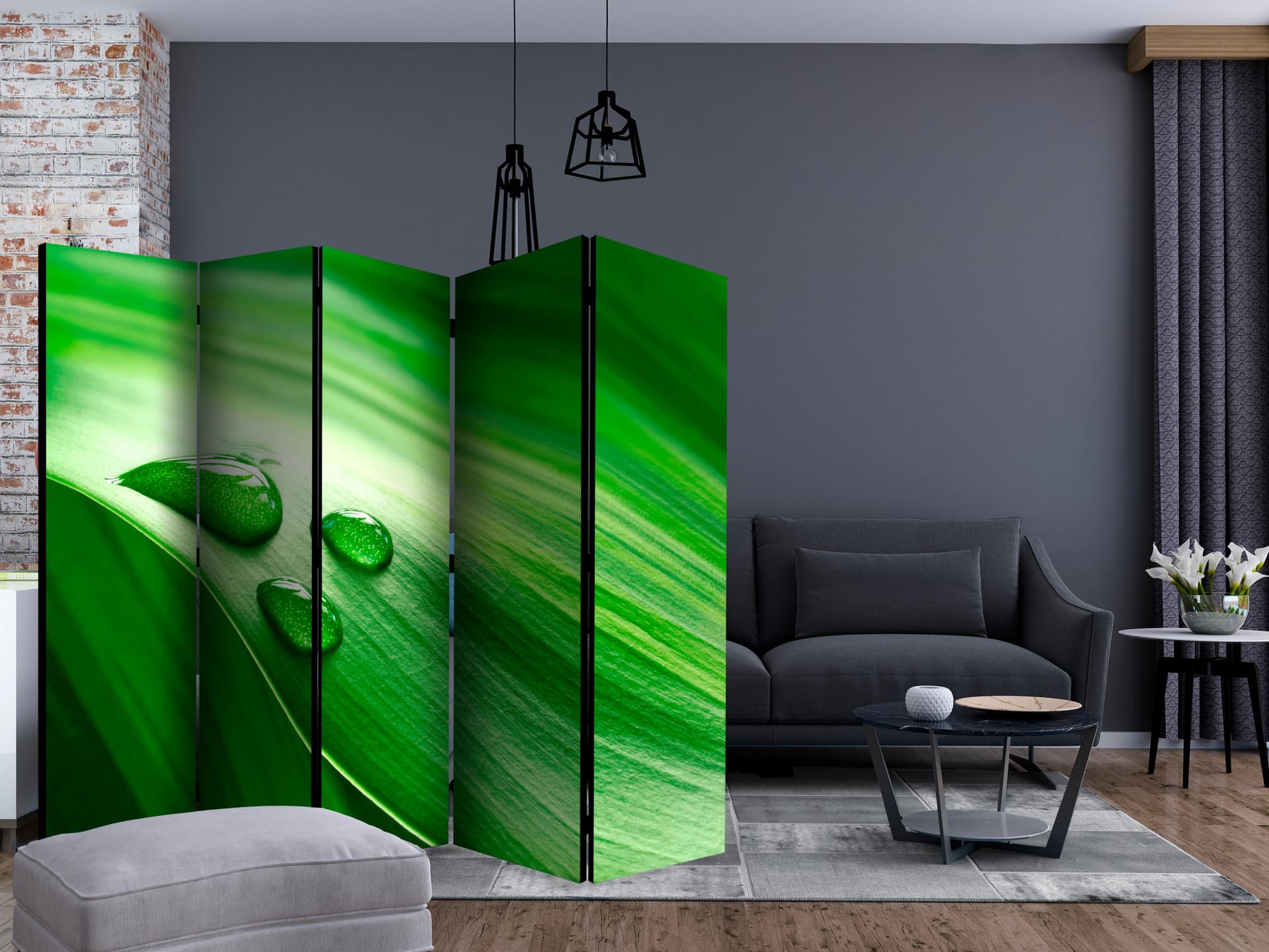 

Parawan 5-częściowy - Liść i trzy krople wody II [Room Dividers] (rozmiar 225x172)