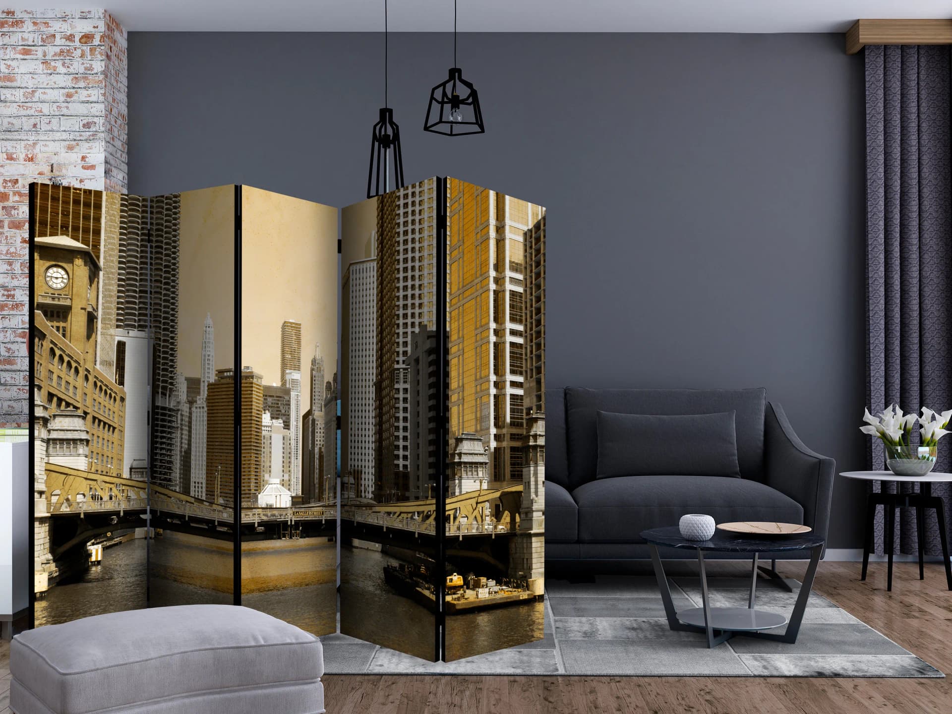 

Parawan 5-częściowy - Most w Chicago (efekt vintage) II [Room Dividers] (rozmiar 225x172)