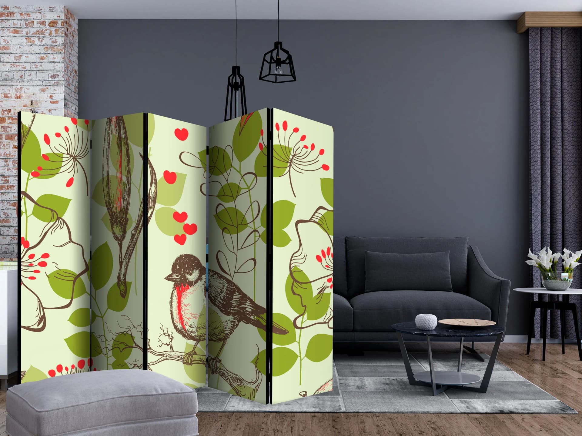 

Parawan 5-częściowy - Ptak i lilie - motyw vintage II [Room Dividers] (rozmiar 225x172)