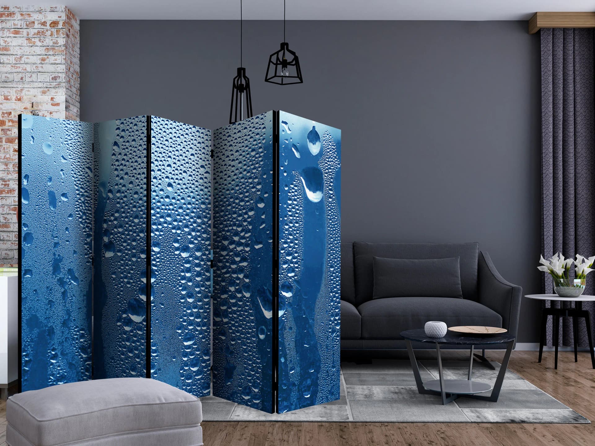 

Parawan 5-częściowy - Krople wody na niebieskiej szybie II [Room Dividers] (rozmiar 225x172)
