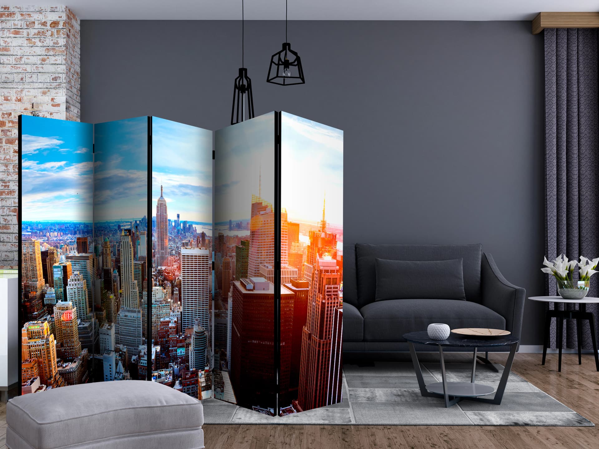 

Parawan 5-częściowy - Wschód słońca nad Manhattanem II [Room Dividers] (rozmiar 225x172)