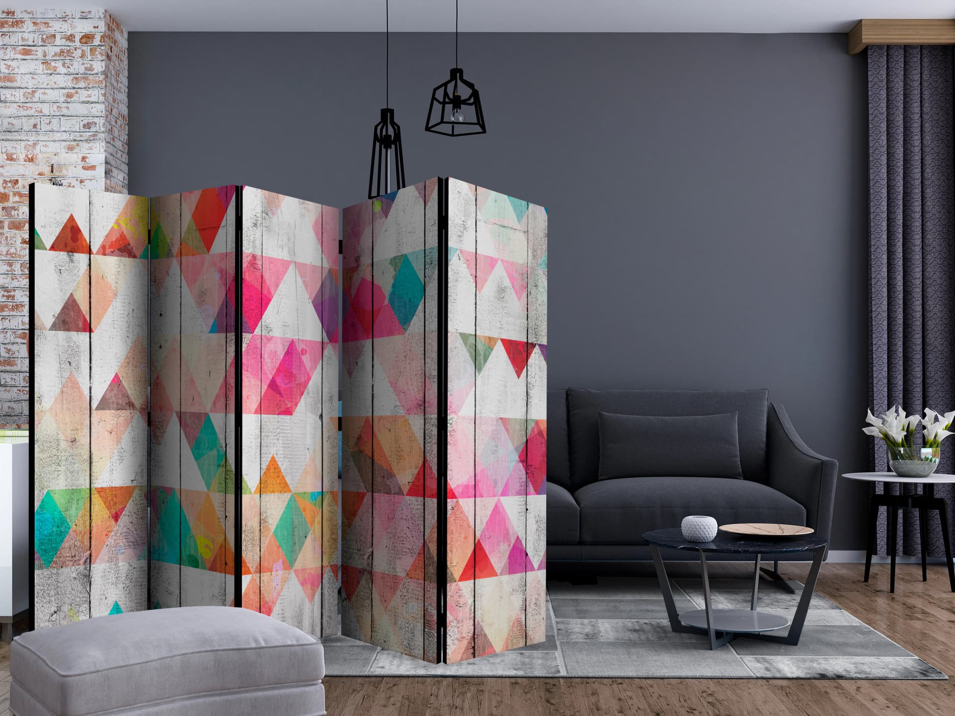 

Parawan 5-częściowy - Tęczowe trójkąty II [Room Dividers] (rozmiar 225x172)