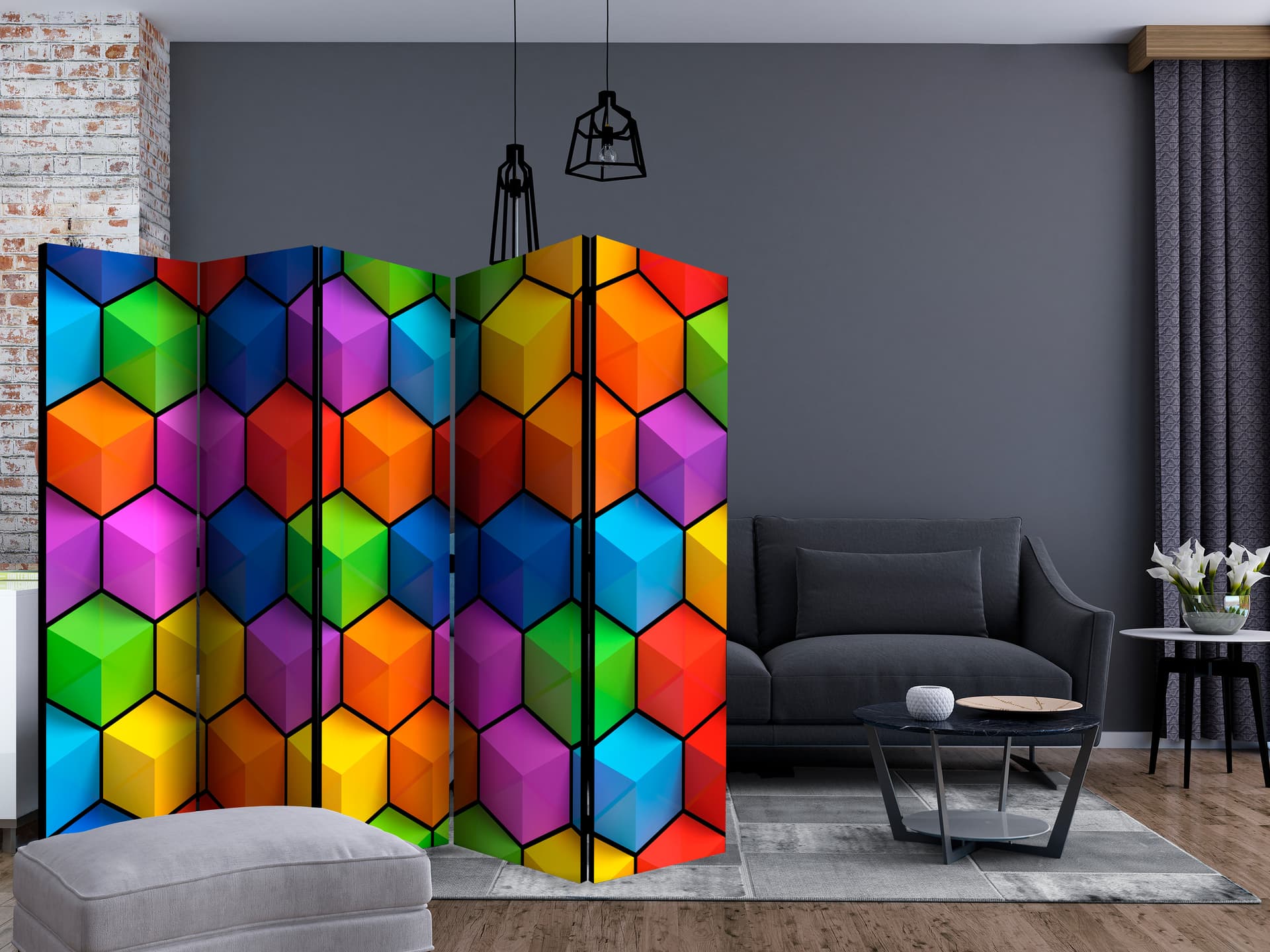 

Parawan 5-częściowy - Tęczowa geometria II [Room Dividers] (rozmiar 225x172)