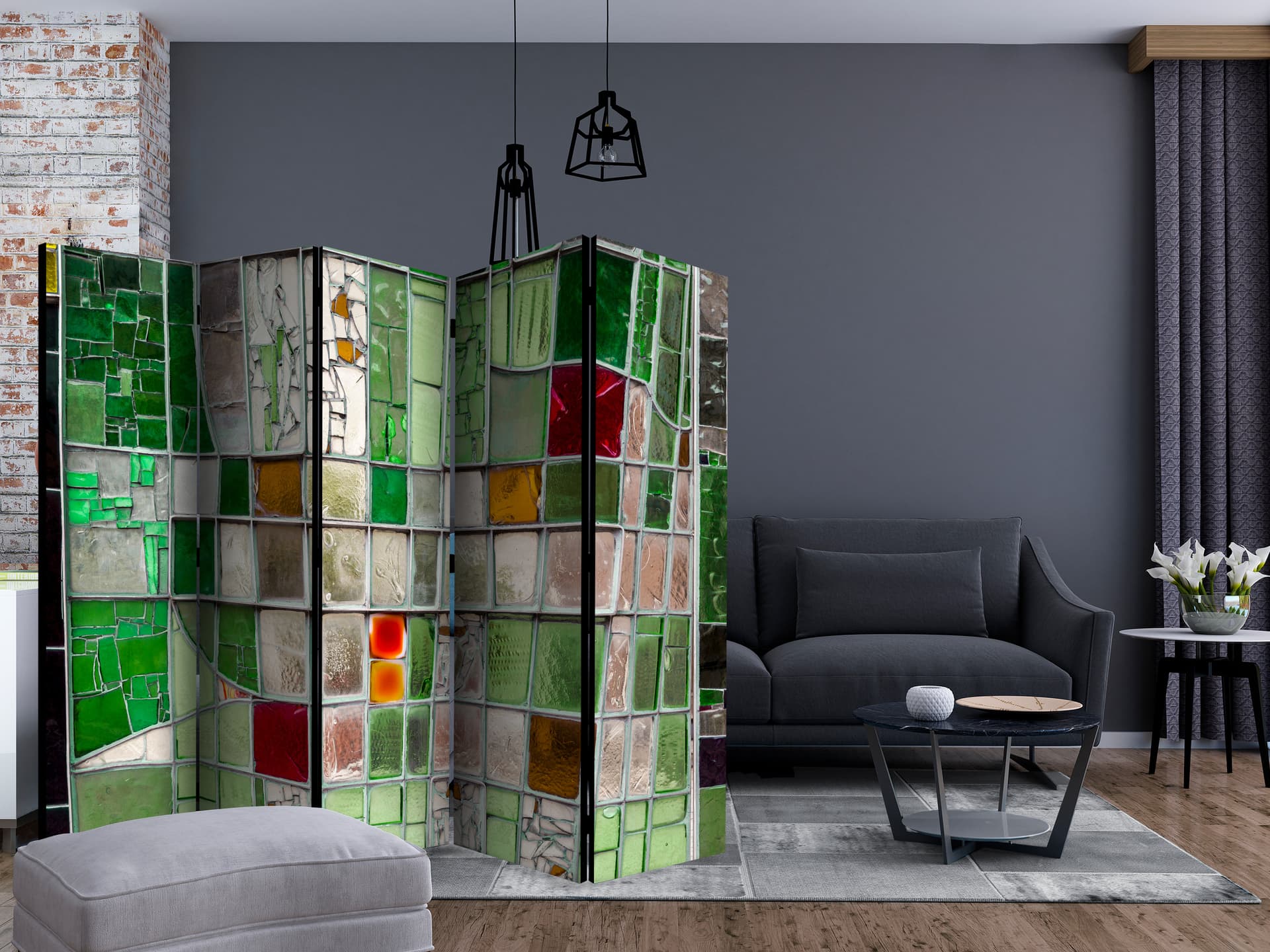 

Parawan 5-częściowy - Szmaragdowy witraż II [Room Dividers] (rozmiar 225x172)