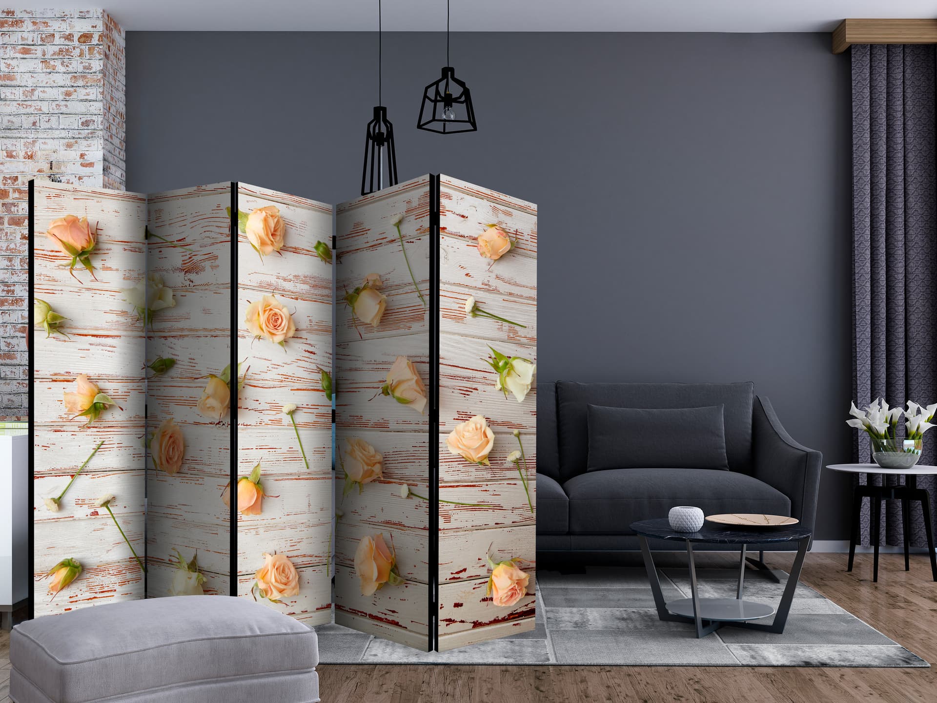 

Parawan 5-częściowy - Drewno i róże II [Room Dividers] (rozmiar 225x172)