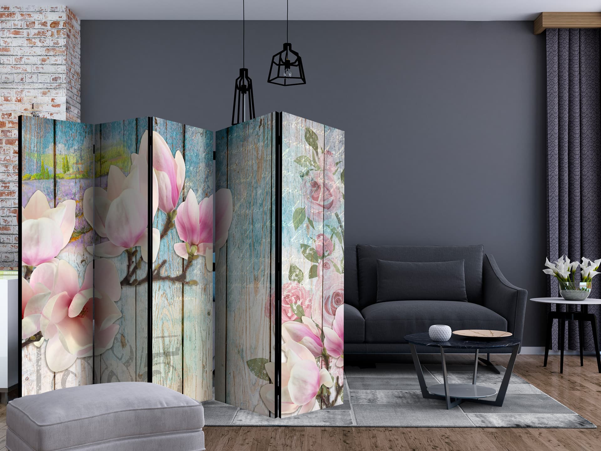 

Parawan 5-częściowy - Różowe kwiaty na drewnie II [Room Dividers] (rozmiar 225x172)