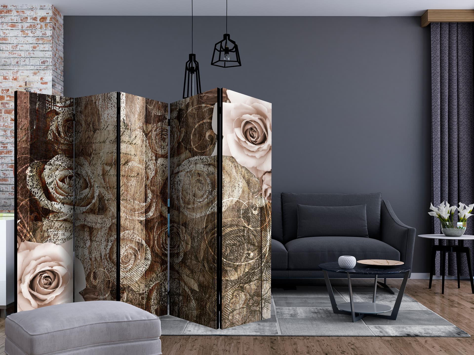 

Parawan 5-częściowy - Stare drewno i róże II [Room Dividers] (rozmiar 225x172)