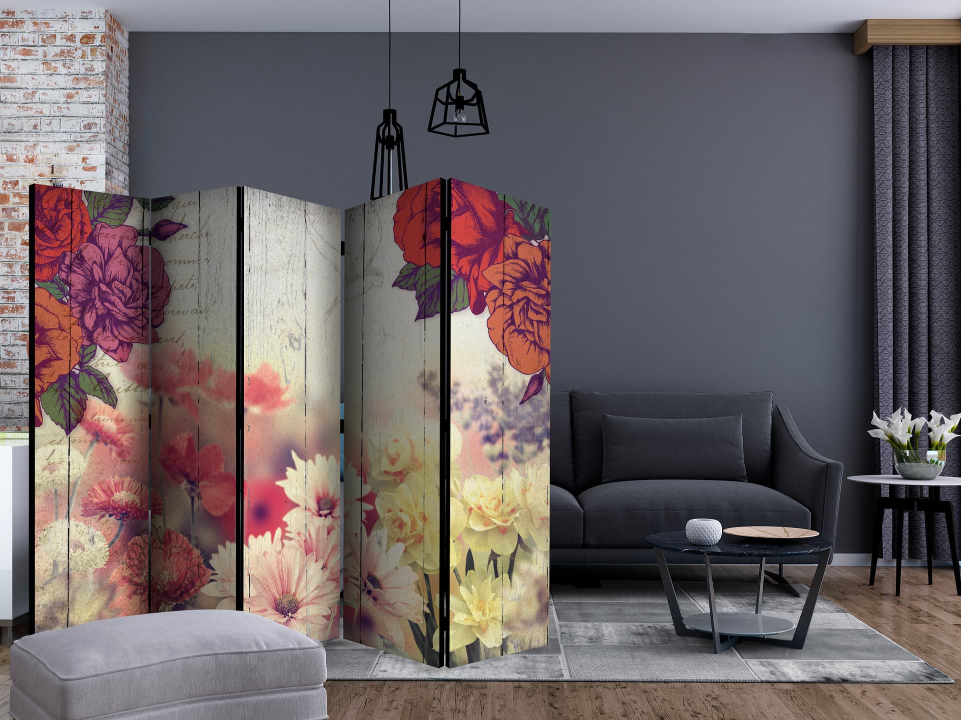 

Parawan 5-częściowy - Kwiaty vintage II [Room Dividers] (rozmiar 225x172)