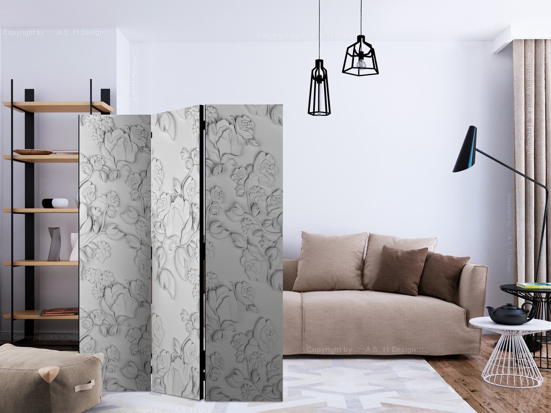 

Parawan 3-częściowy - Biały ornament: róże [Room Dividers] (rozmiar 135x172)