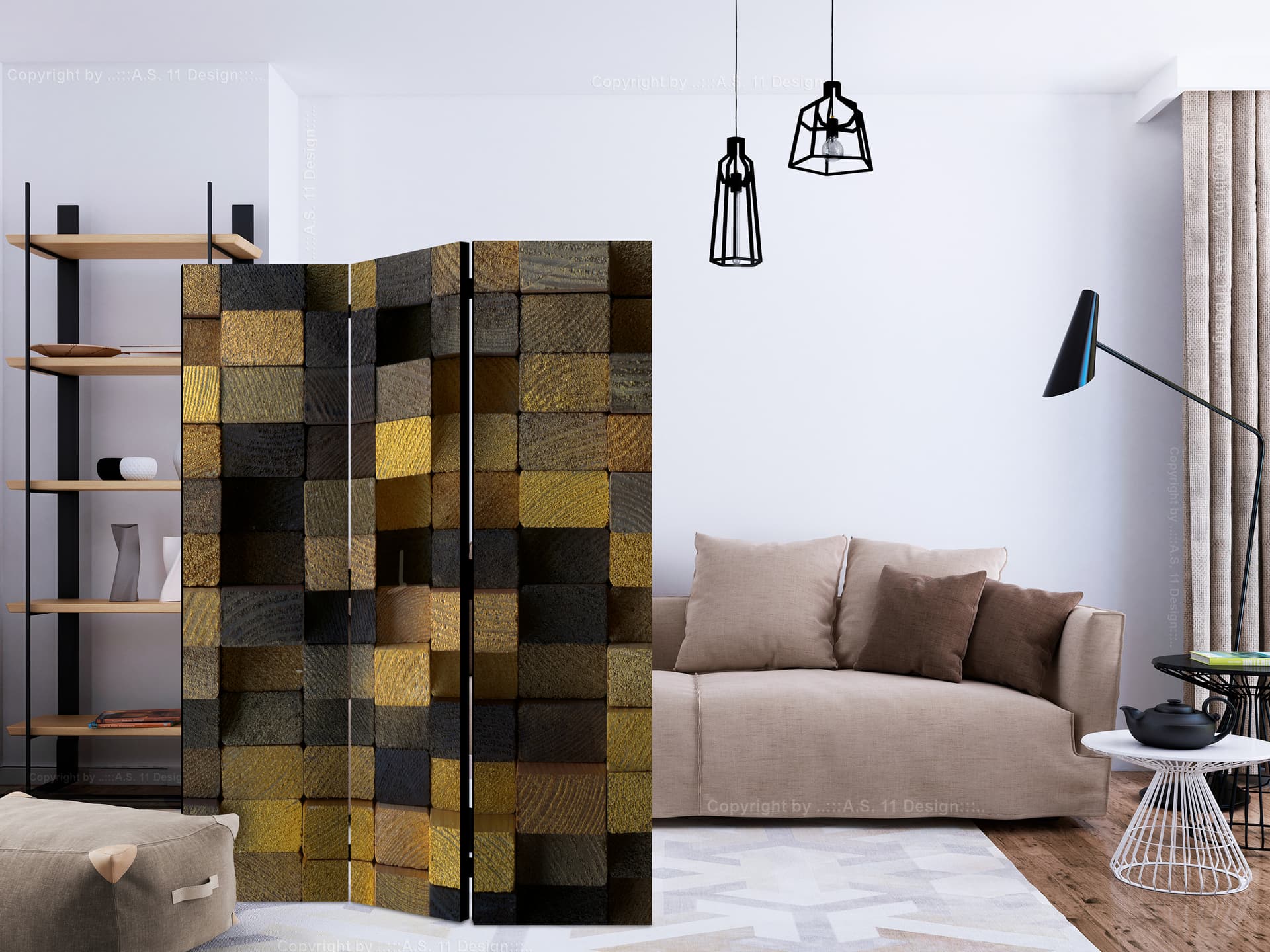 

Parawan 3-częściowy - Drewniane kostki [Room Dividers] (rozmiar 135x172)