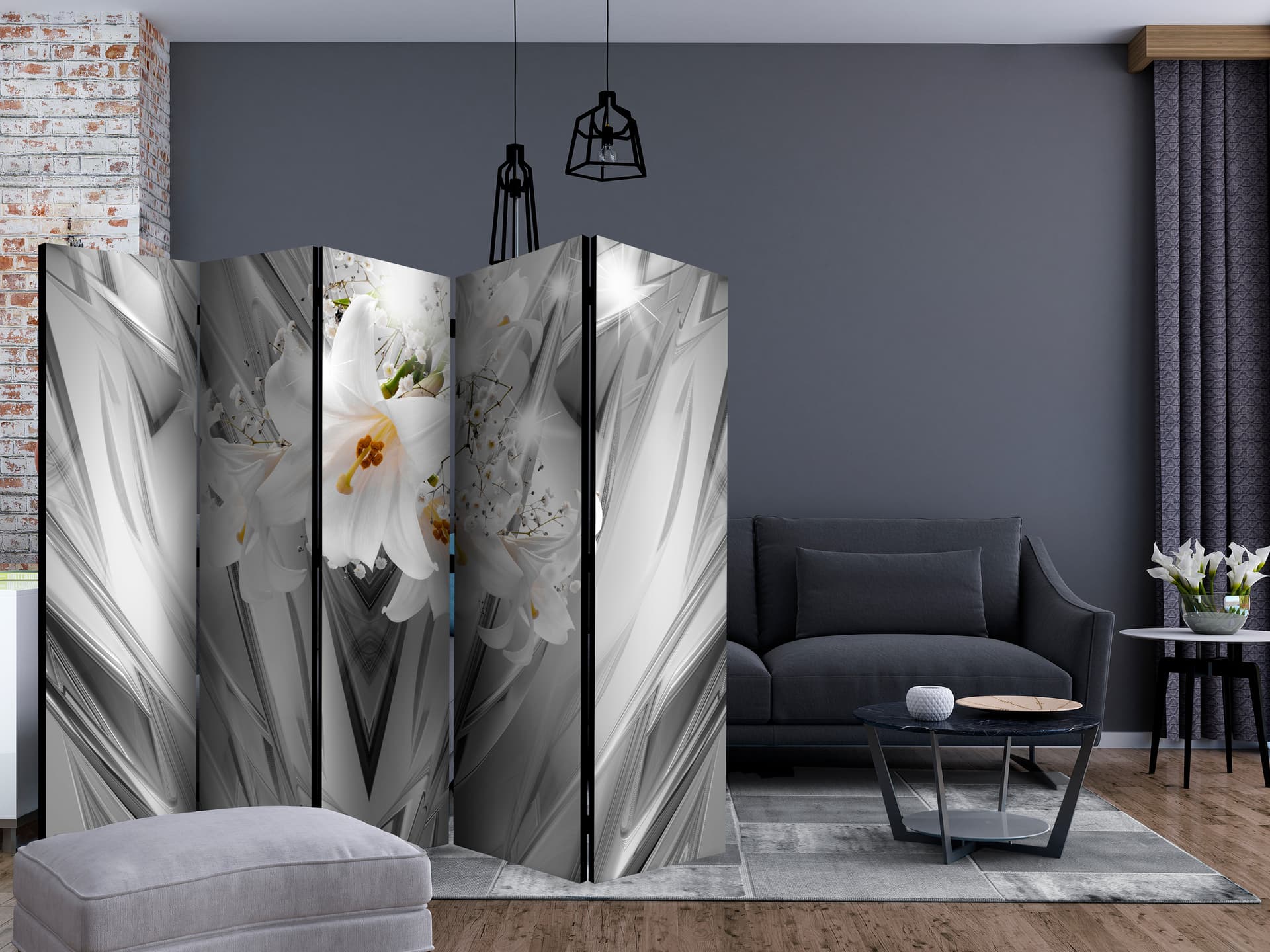 

Parawan 5-częściowy - Stalowe lilie II [Room Dividers] (rozmiar 225x172)