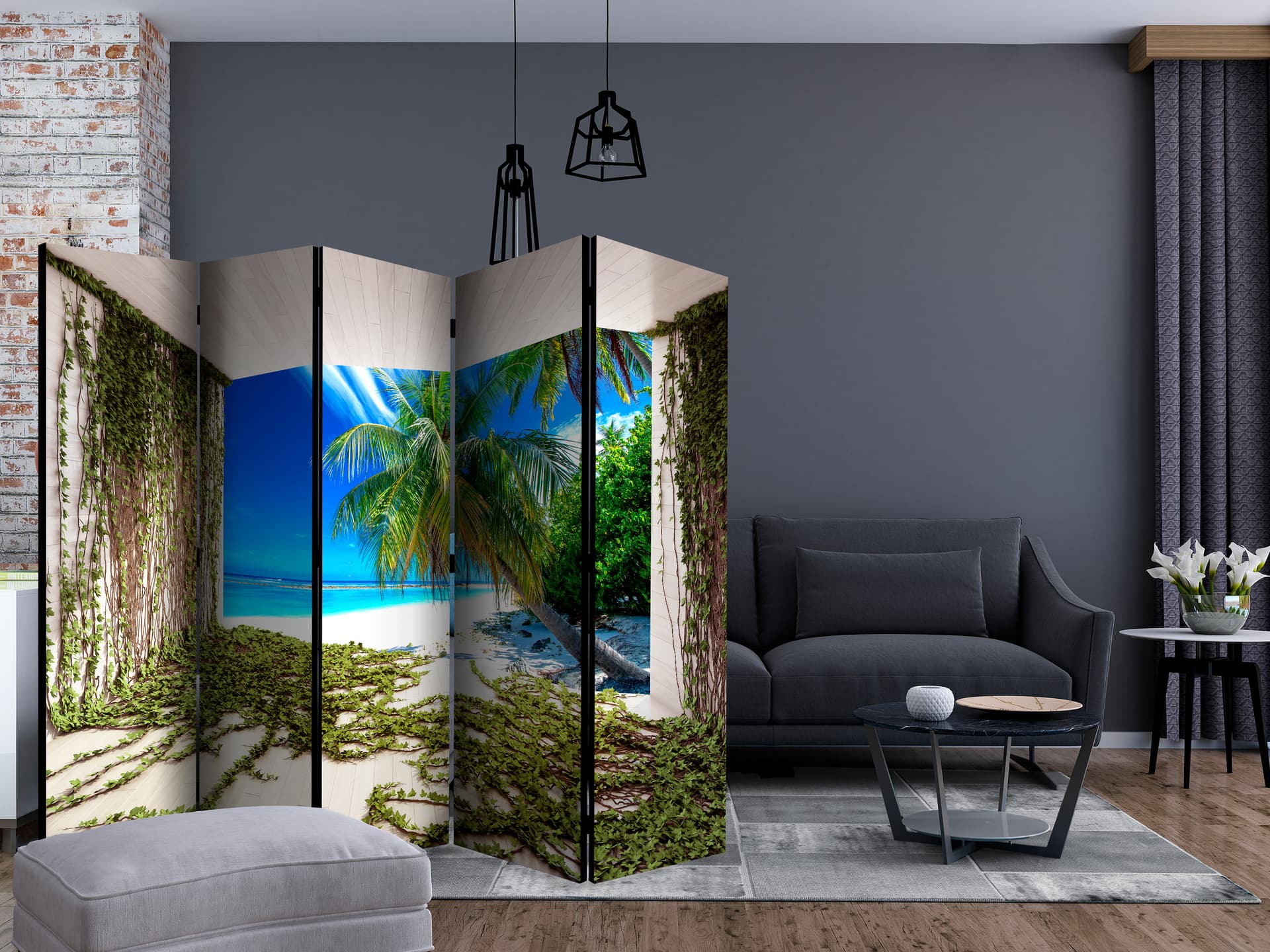 

Parawan 5-częściowy - Plaża i bluszcz II [Room Dividers] (rozmiar 225x172)