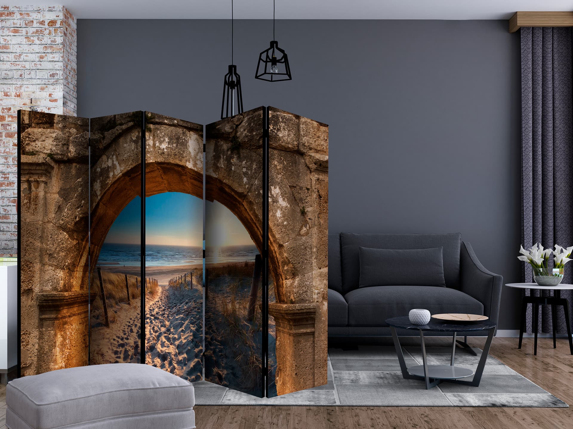 

Parawan 5-częściowy - Łuk i plaża II [Room Dividers] (rozmiar 225x172)