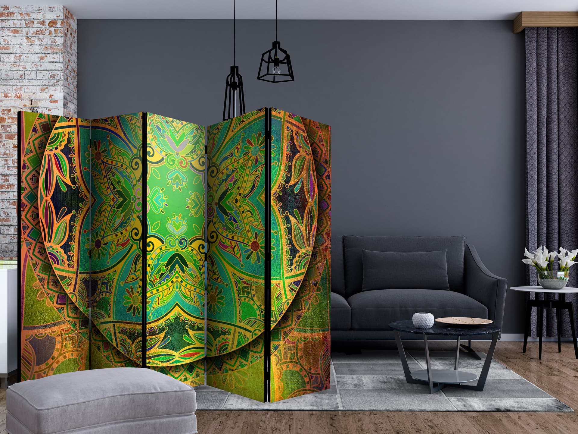 

Parawan 5-częściowy - Mandala: Szmaragdowy fantazja II [Room Dividers] (rozmiar 225x172)