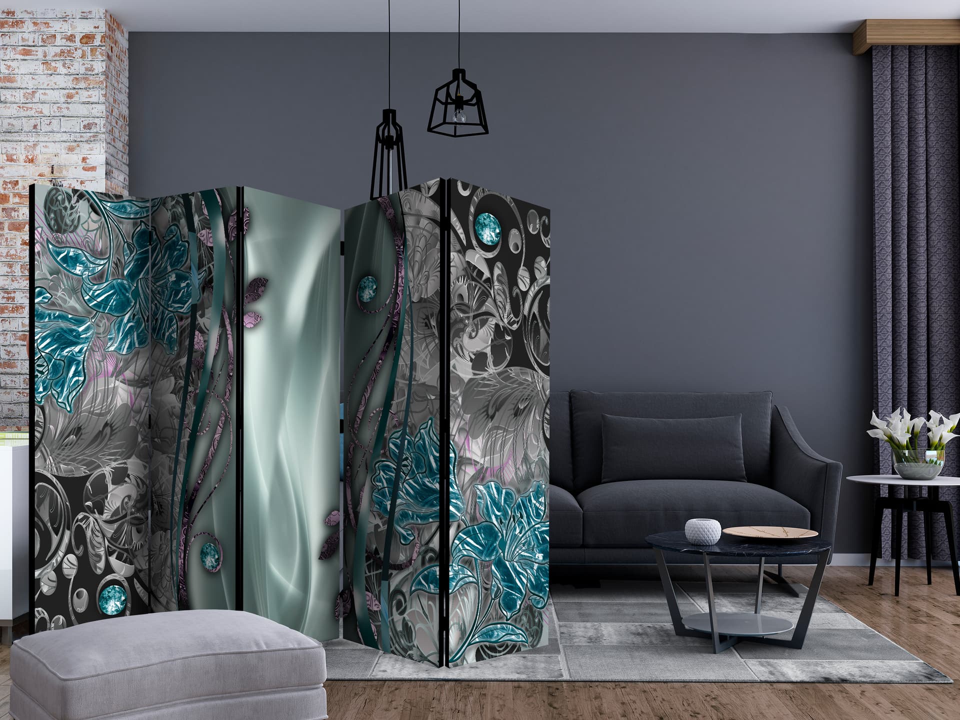 

Parawan 5-częściowy - Kwiecista kurtyna (turkusowy) II [Room Dividers] (rozmiar 225x172)