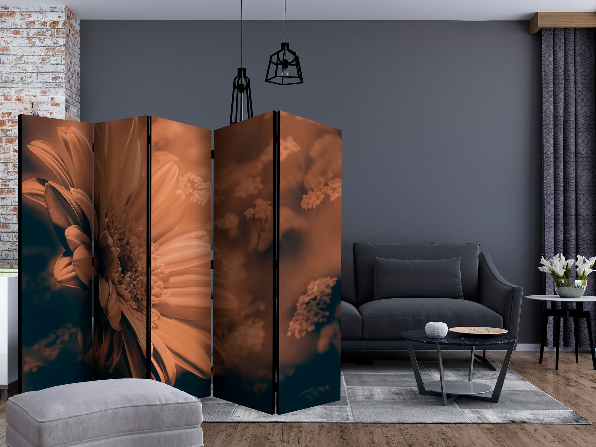 

Parawan 5-częściowy - Gerbera w brązach II [Room Dividers] (rozmiar 225x172)
