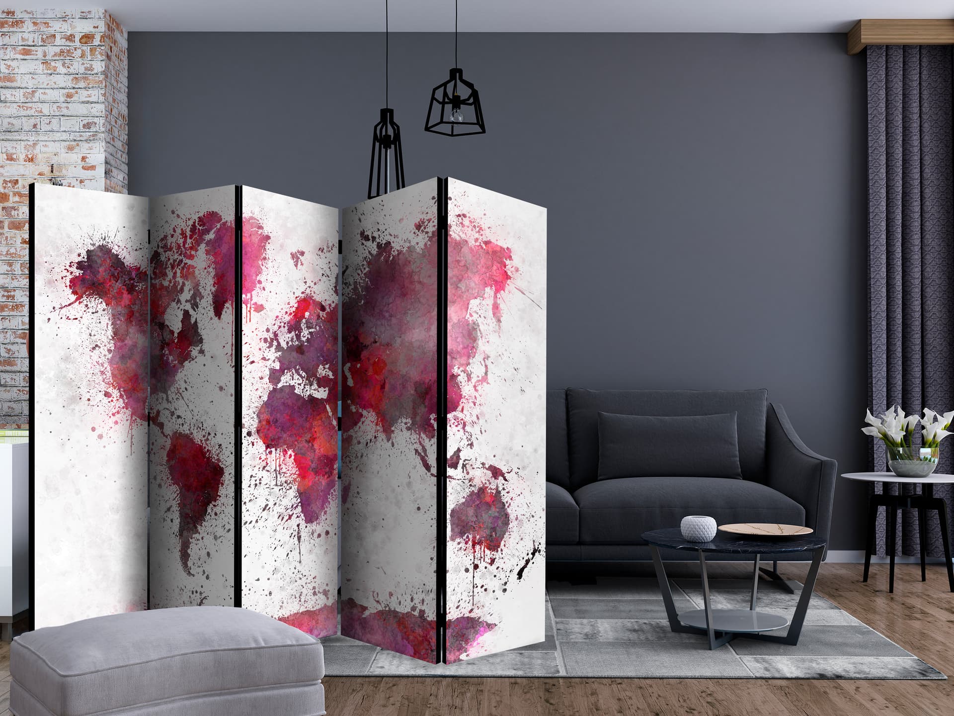

Parawan 5-częściowy - Mapa świata: czerwone akwarele II [Room Dividers] (rozmiar 225x172)