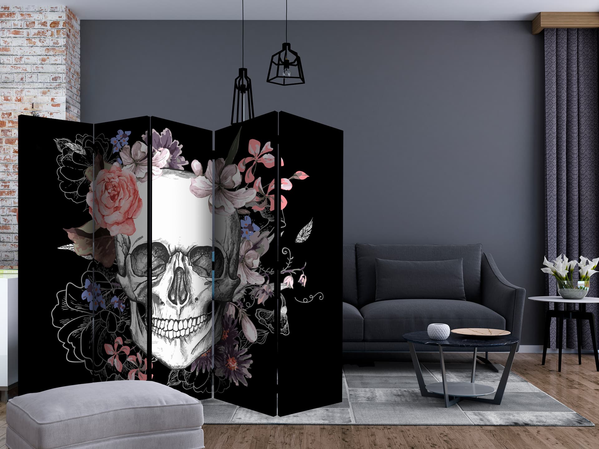 

Parawan 5-częściowy - Czaszka i kwiaty II [Room Dividers] (rozmiar 225x172)
