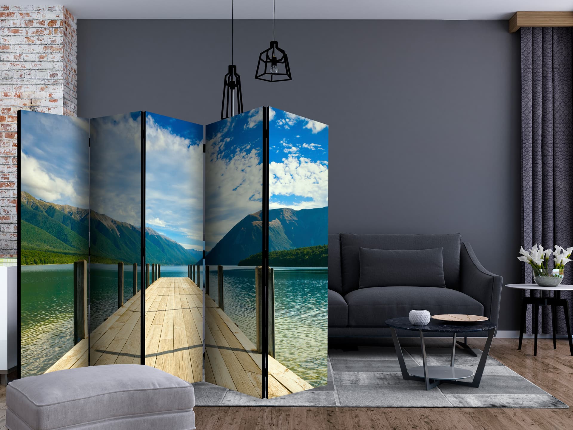 

Parawan 5-częściowy - Pomost na górskim jeziorze II [Room Dividers] (rozmiar 225x172)