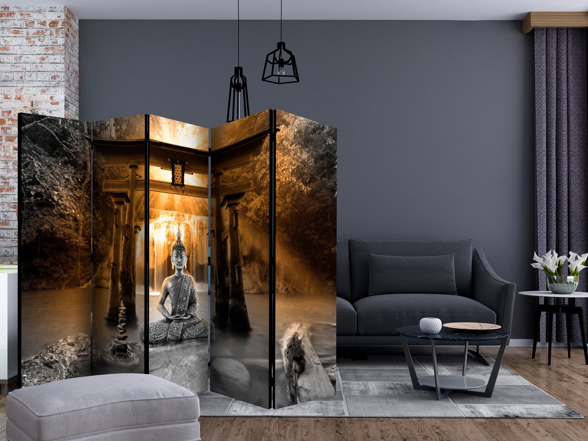 

Parawan 5-częściowy - Uśmiech Buddy (pomarańczowy) II [Room Dividers] (rozmiar 225x172)