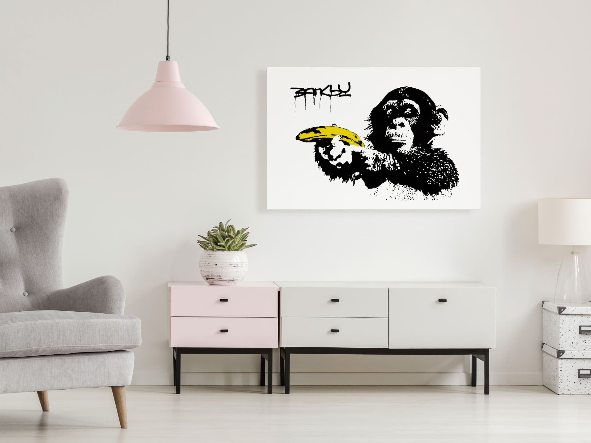 

Obraz - Banksy: Małpa z bananem (1-częściowy) szeroki (rozmiar 120x80)