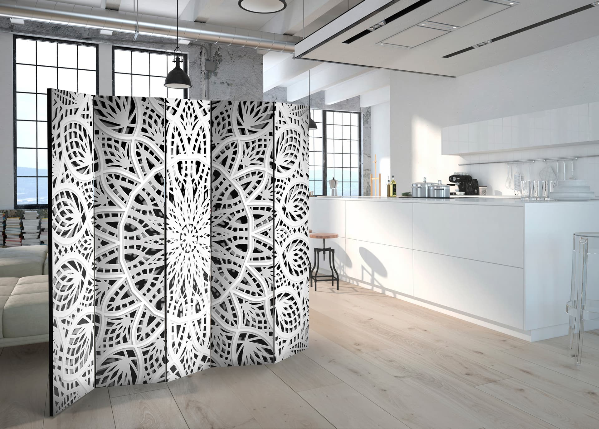 

Parawan 5-częściowy - Biała Mandala II [Room Dividers] (rozmiar 225x172)