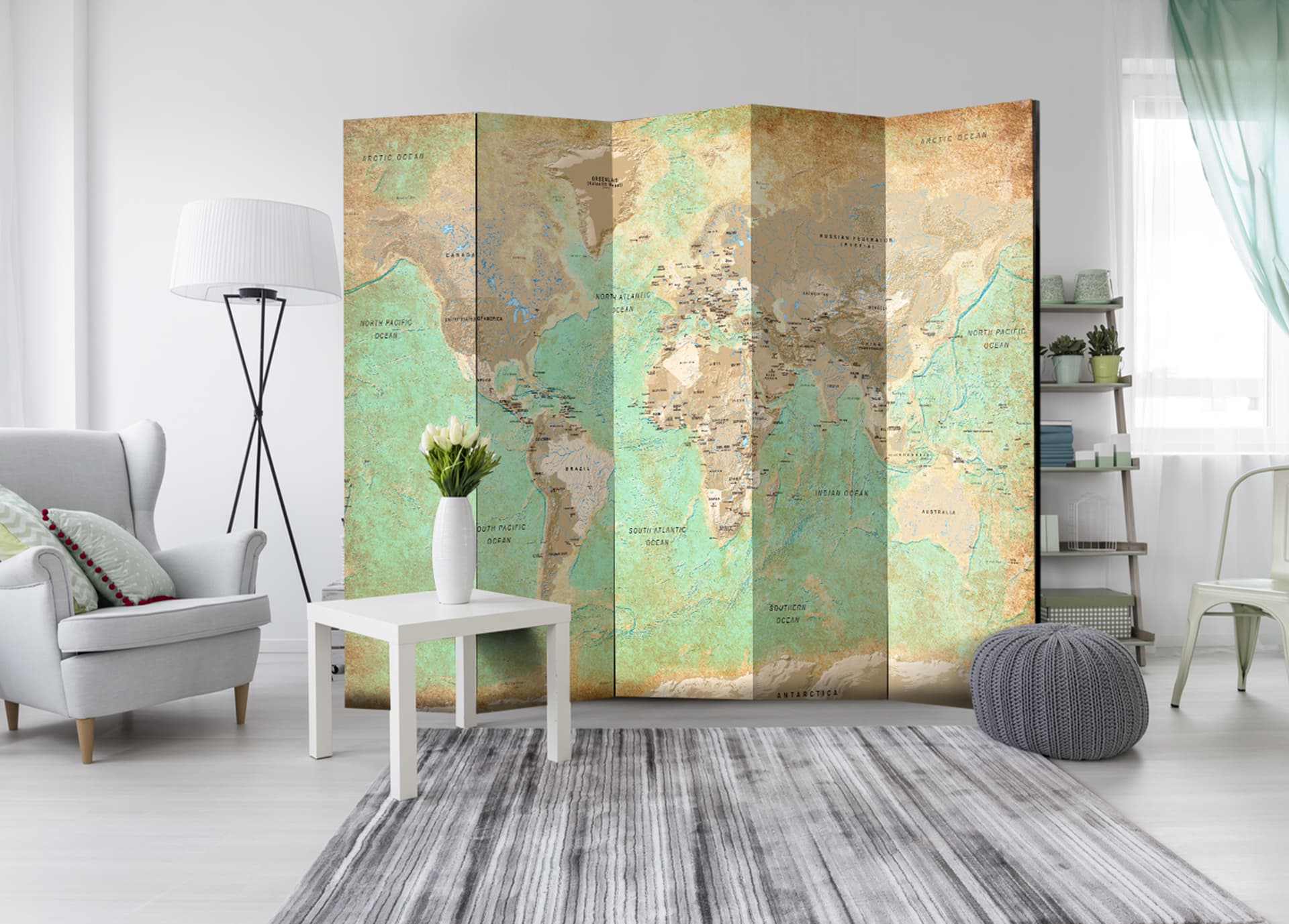 

Parawan 5-częściowy - Turkusowa mapa świata [Room Dividers] (rozmiar 225x172)