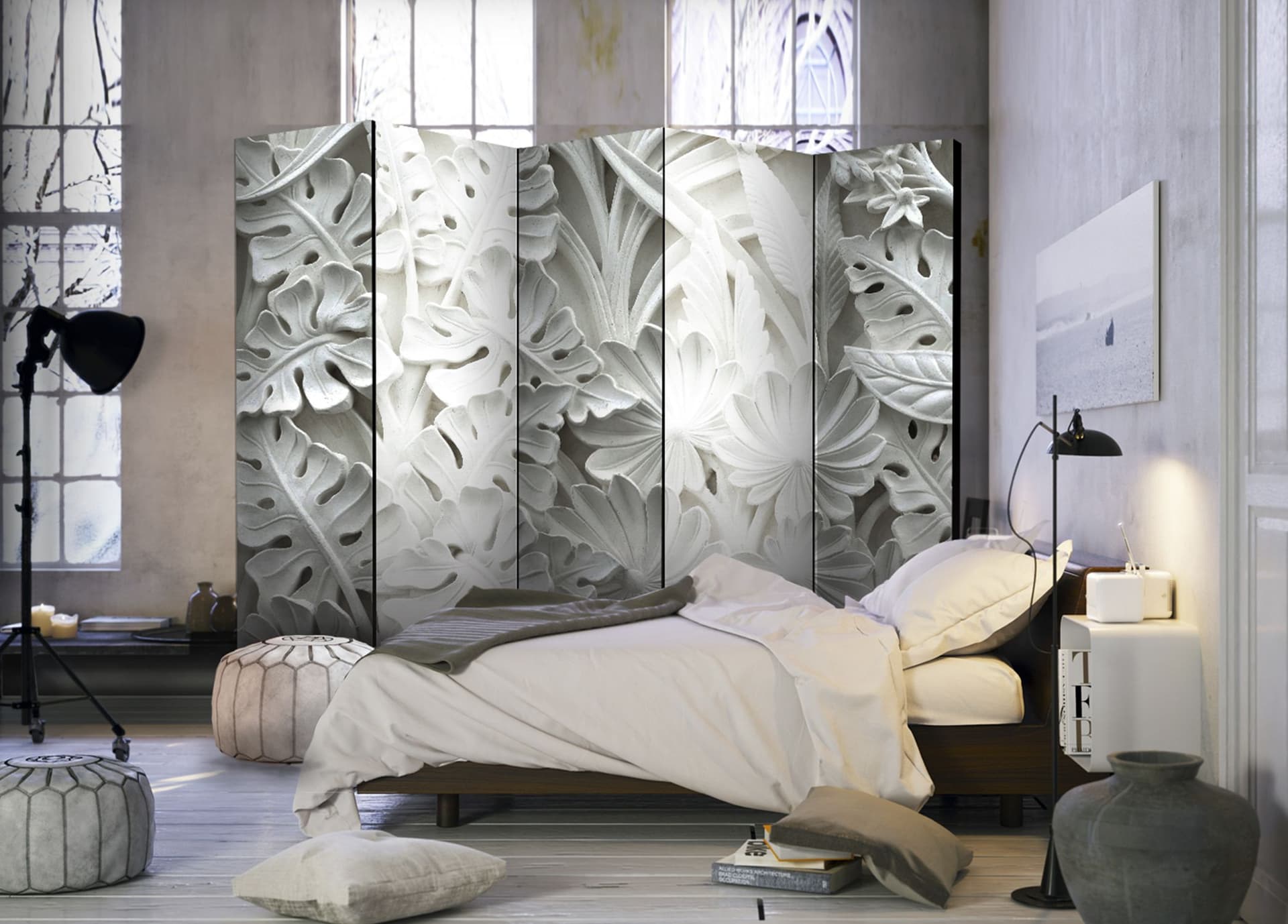 

Parawan 5-częściowy - Alabastrowy ogród II [Room Dividers] (rozmiar 225x172)