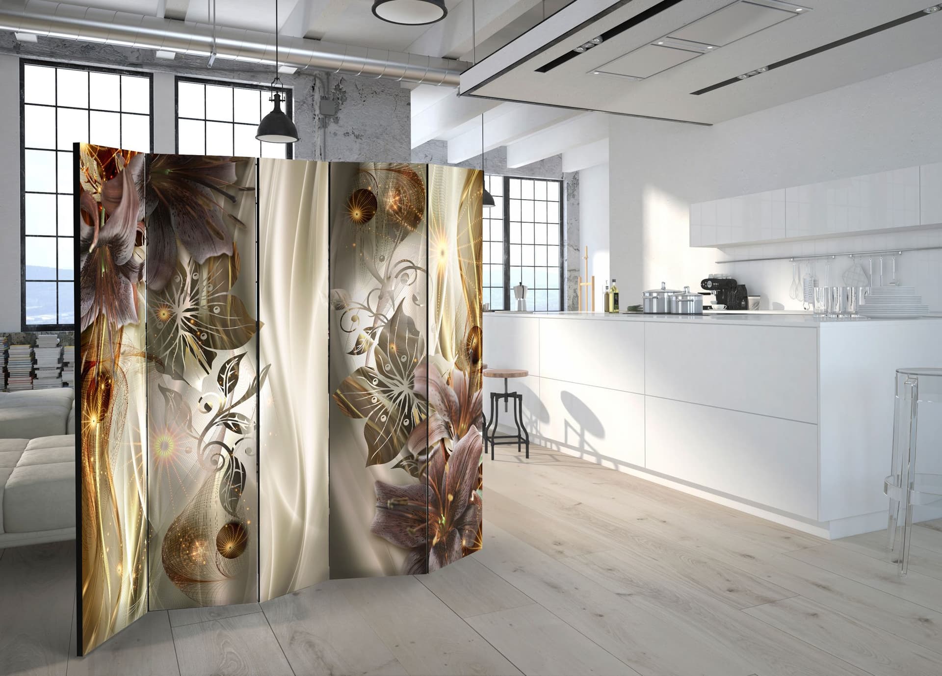 

Parawan 5-częściowy - Bursztynowa kraina II [Room Dividers] (rozmiar 225x172)