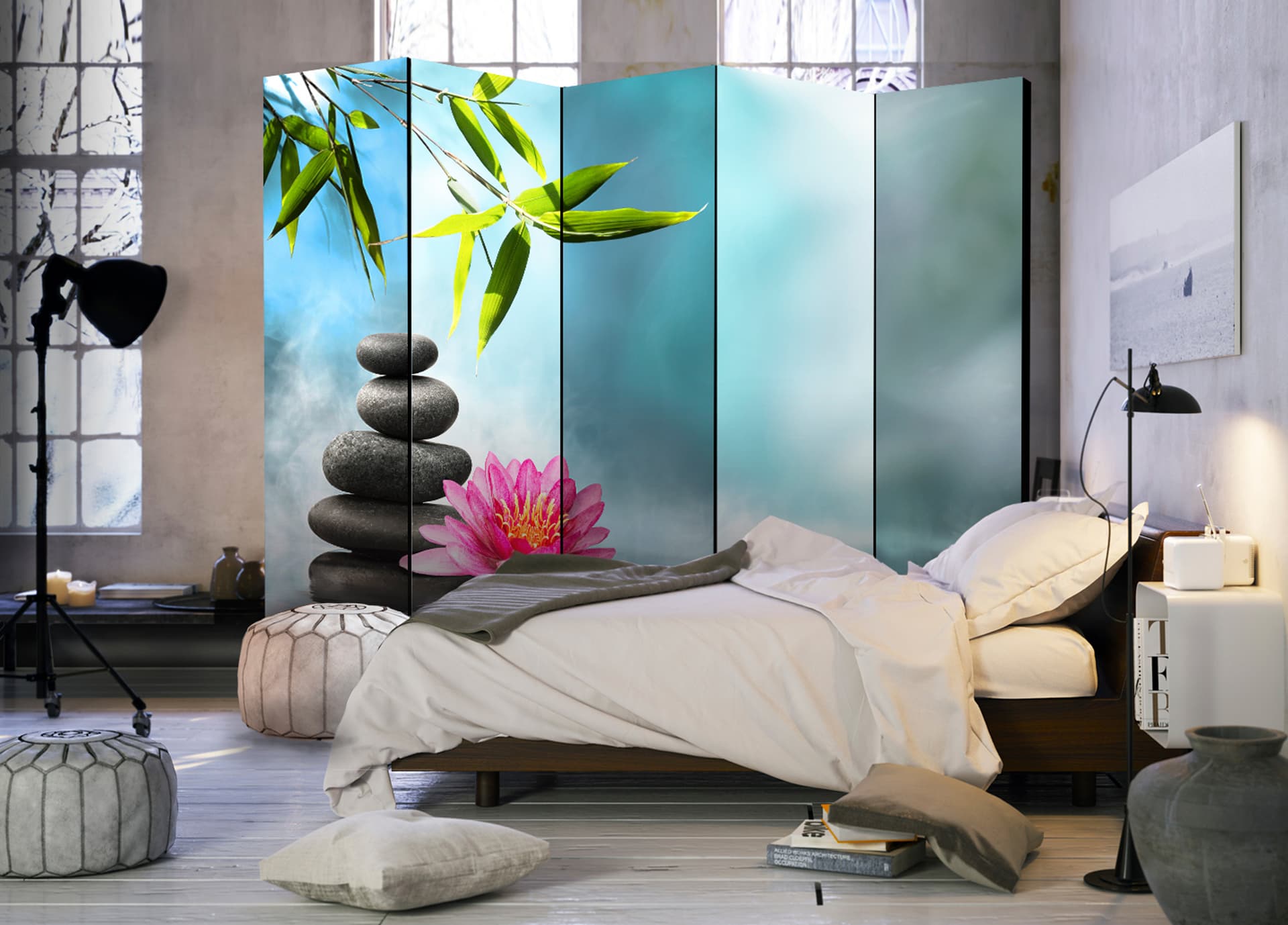 

Parawan 5-częściowy - Lilia wodna i kamienie spa II [Room Dividers] (rozmiar 225x172)