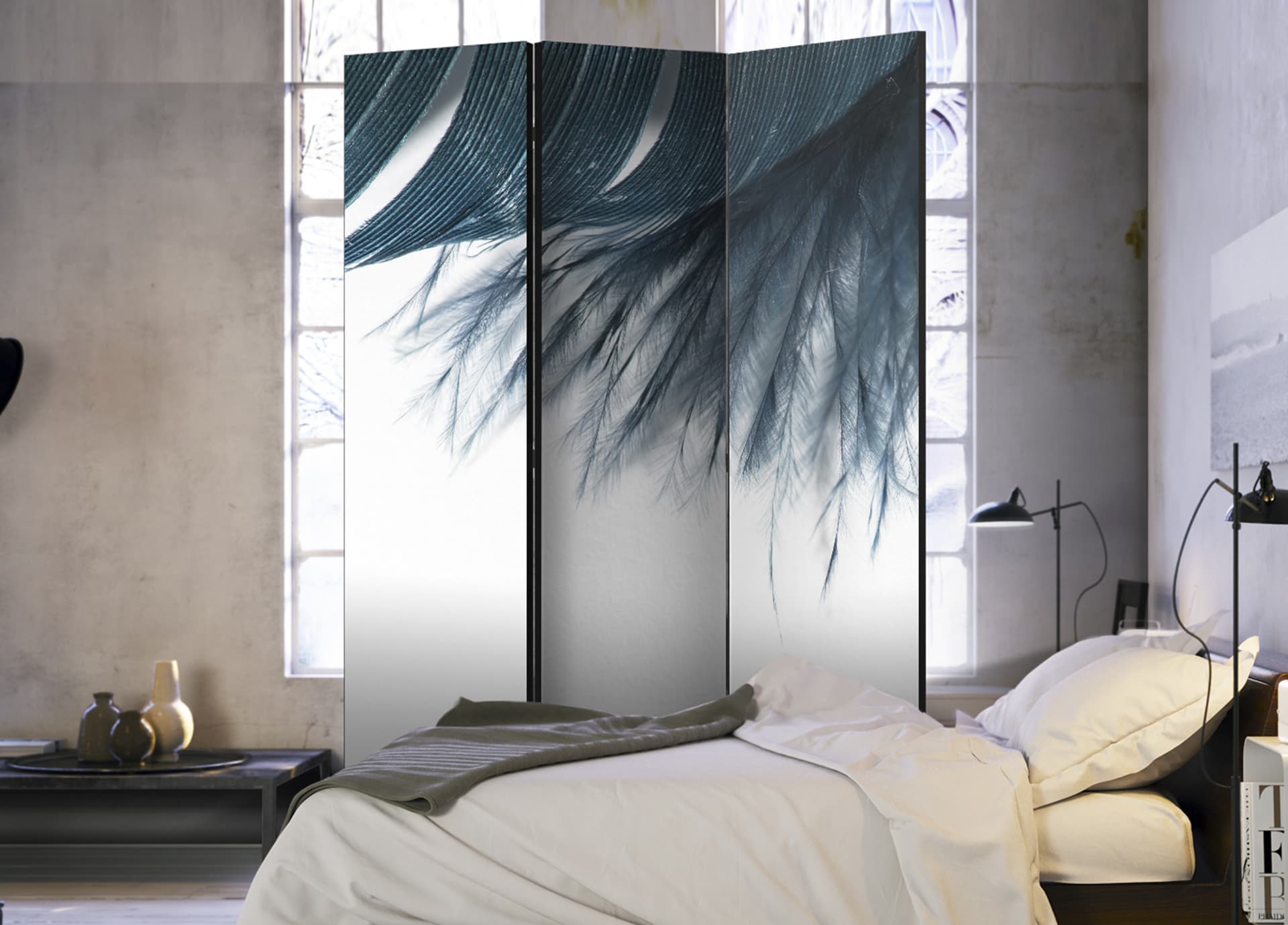 

Parawan 3-częściowy - Granatowe pióro [Room Dividers] (rozmiar 135x172)