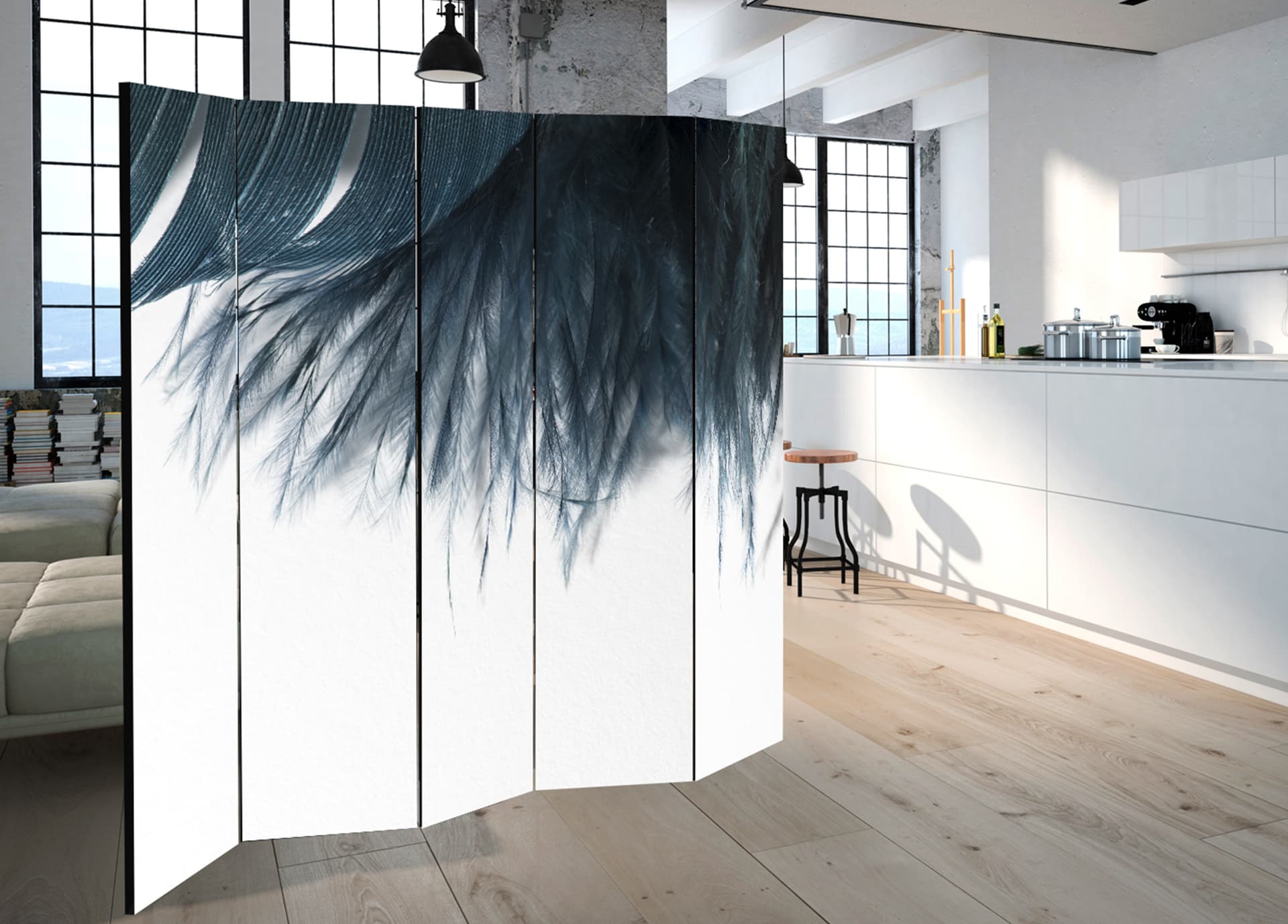 

Parawan 5-częściowy - Granatowe pióro II [Room Dividers] (rozmiar 225x172)